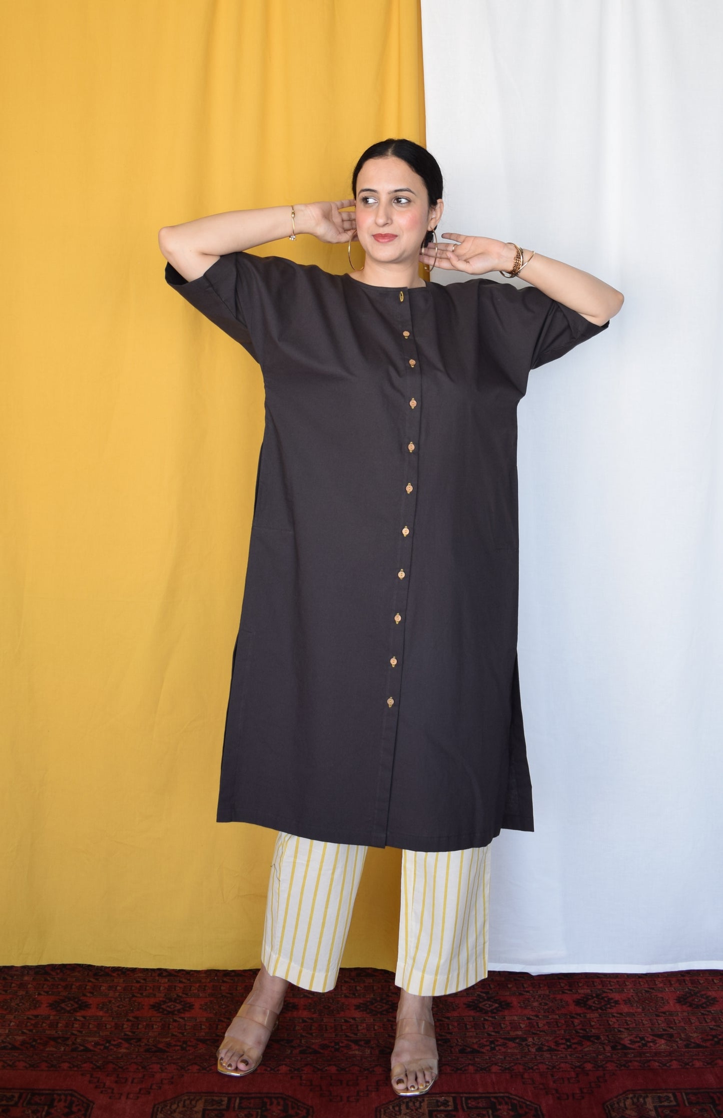 Charcoal Boxy Fit Kurta with Yellow Striped Pants