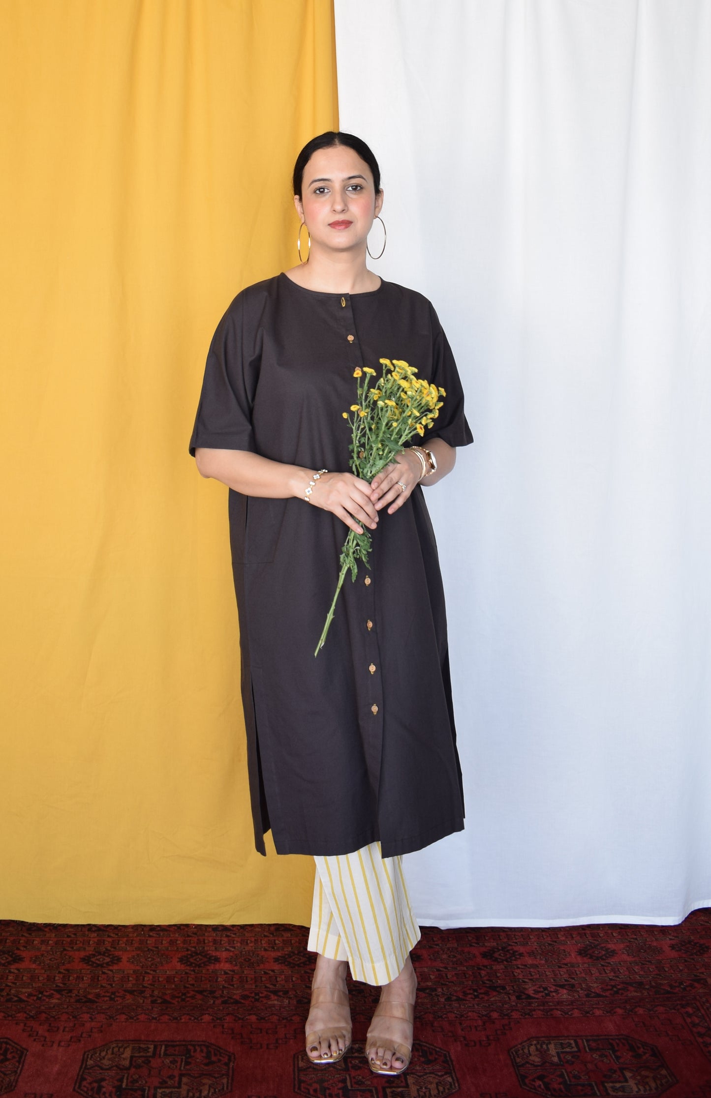 Charcoal Boxy Fit Kurta with Yellow Striped Pants
