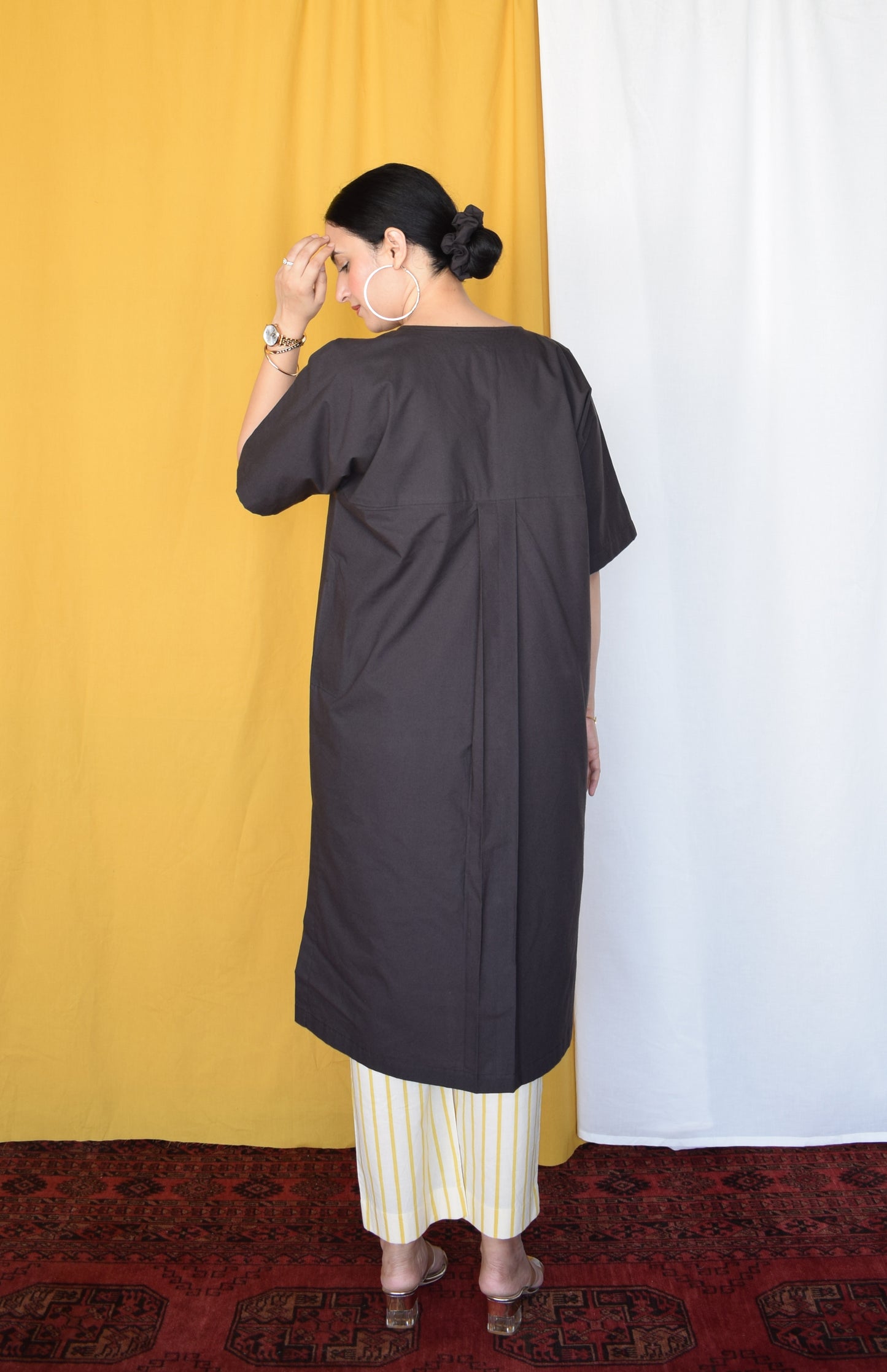 Charcoal Boxy Fit Kurta with Yellow Striped Pants