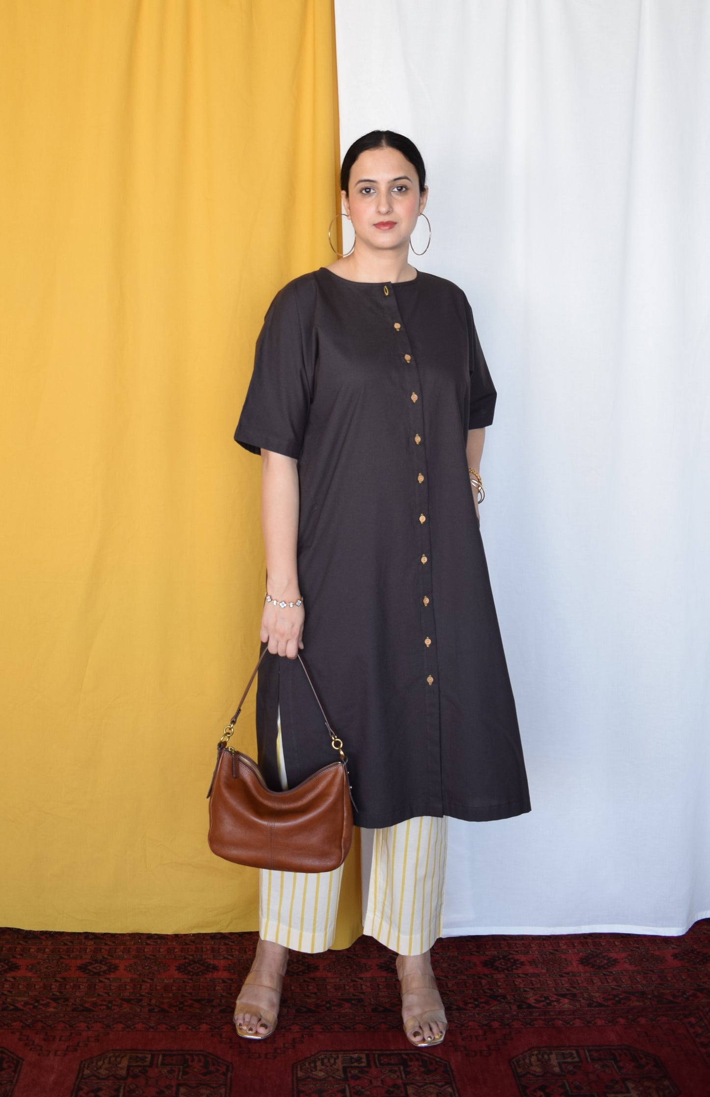 Charcoal Boxy Fit Kurta with Yellow Striped Pants