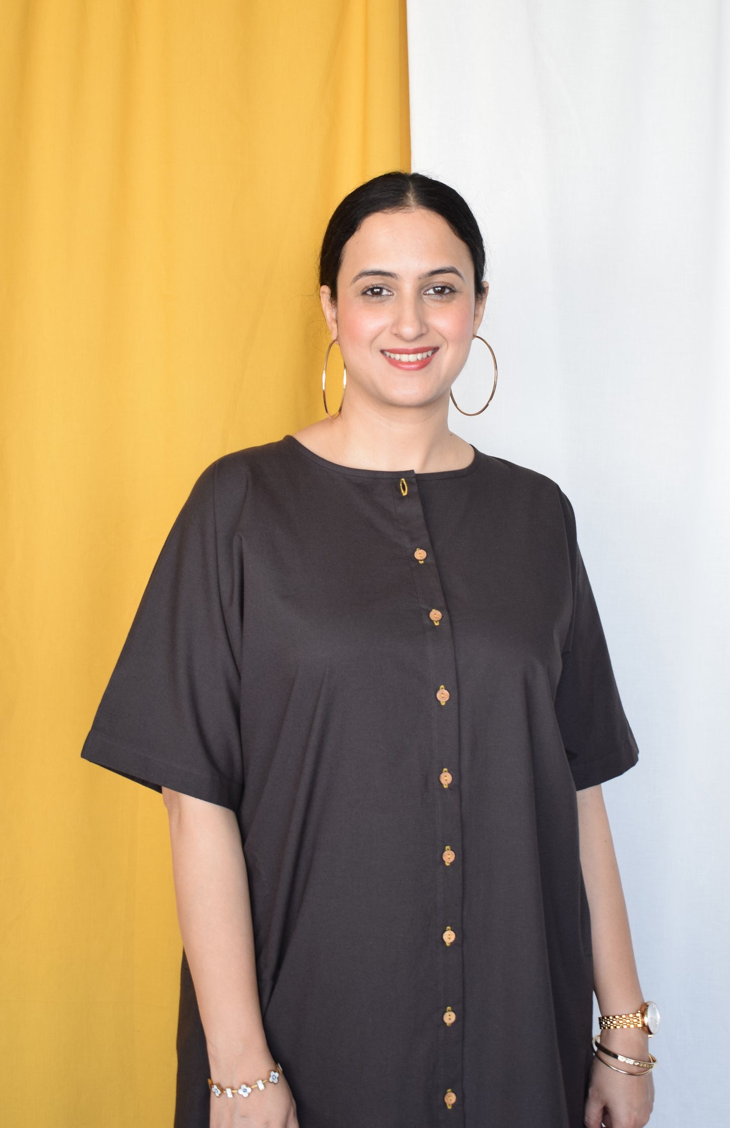 Charcoal Boxy Fit Kurta with Yellow Striped Pants