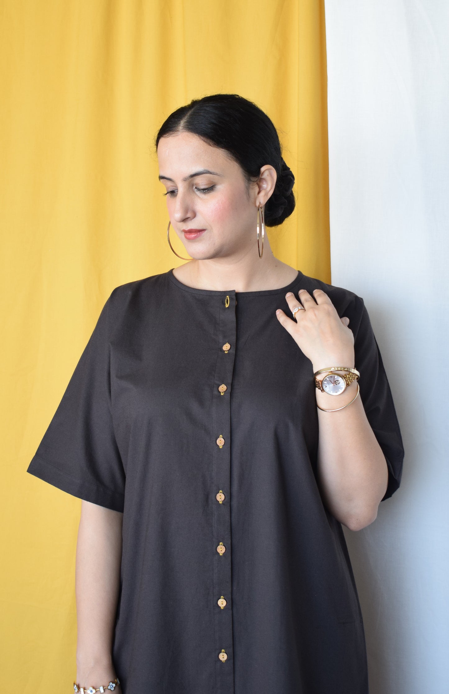 Charcoal Boxy Fit Kurta with Yellow Striped Pants
