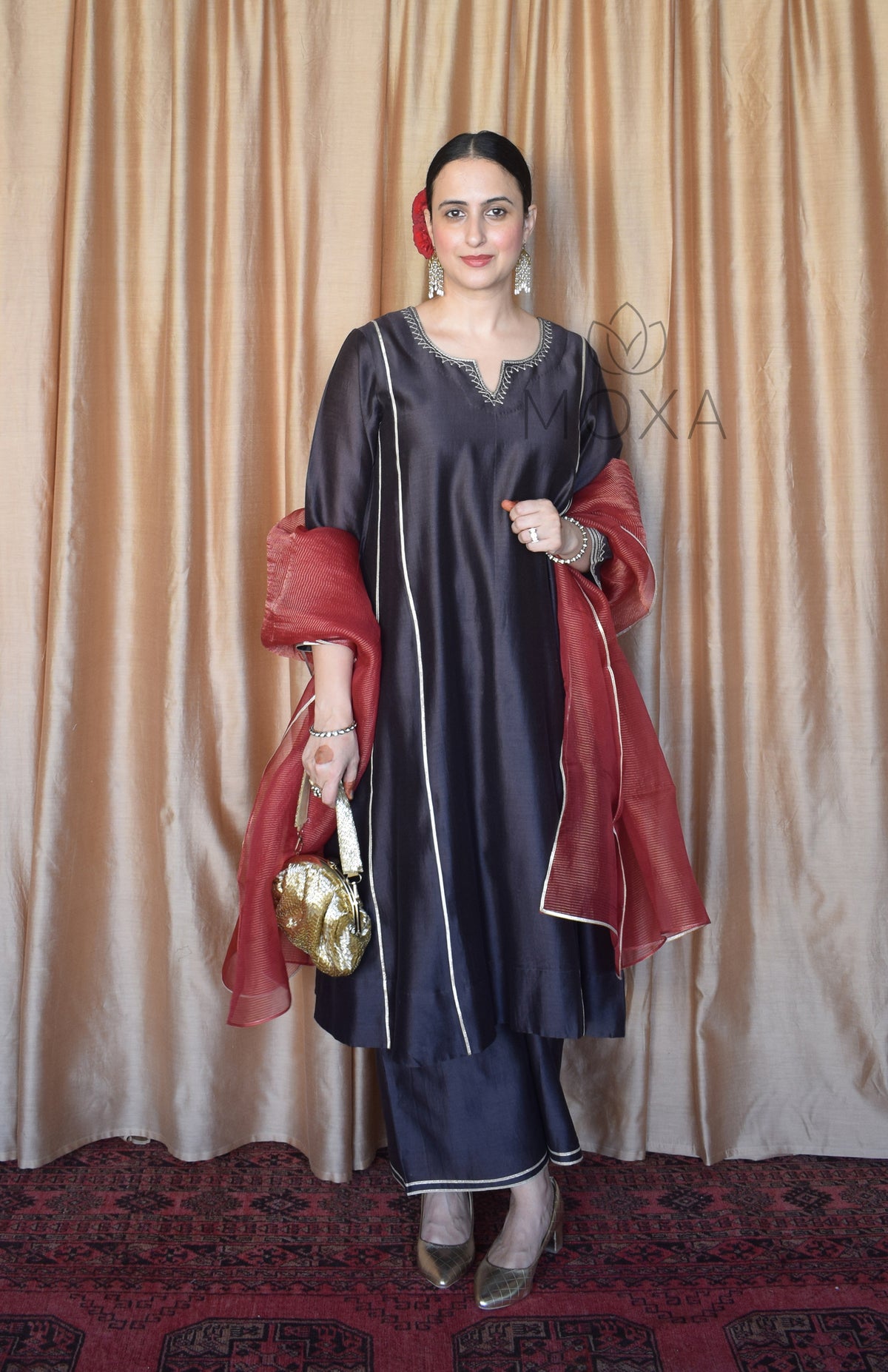 Maroon Striped Tissue Organza Dupatta