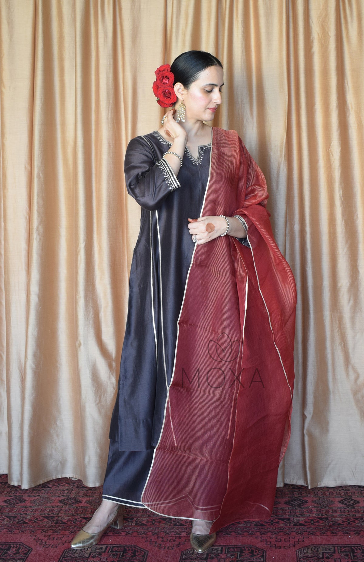 Maroon Striped Organza Dupatta With Off White Striped Chanderi Scallop Pajama - Set of 2