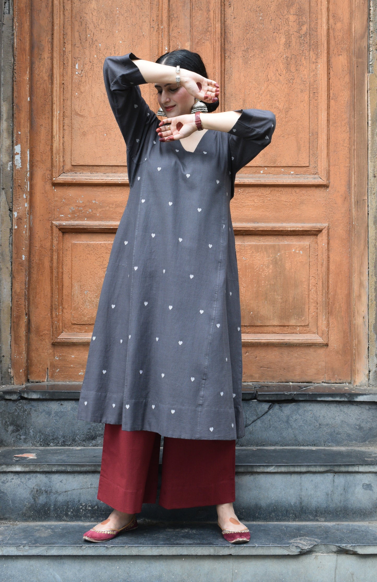 Charcoal Jamdani Phiran with Maroon Pyjama