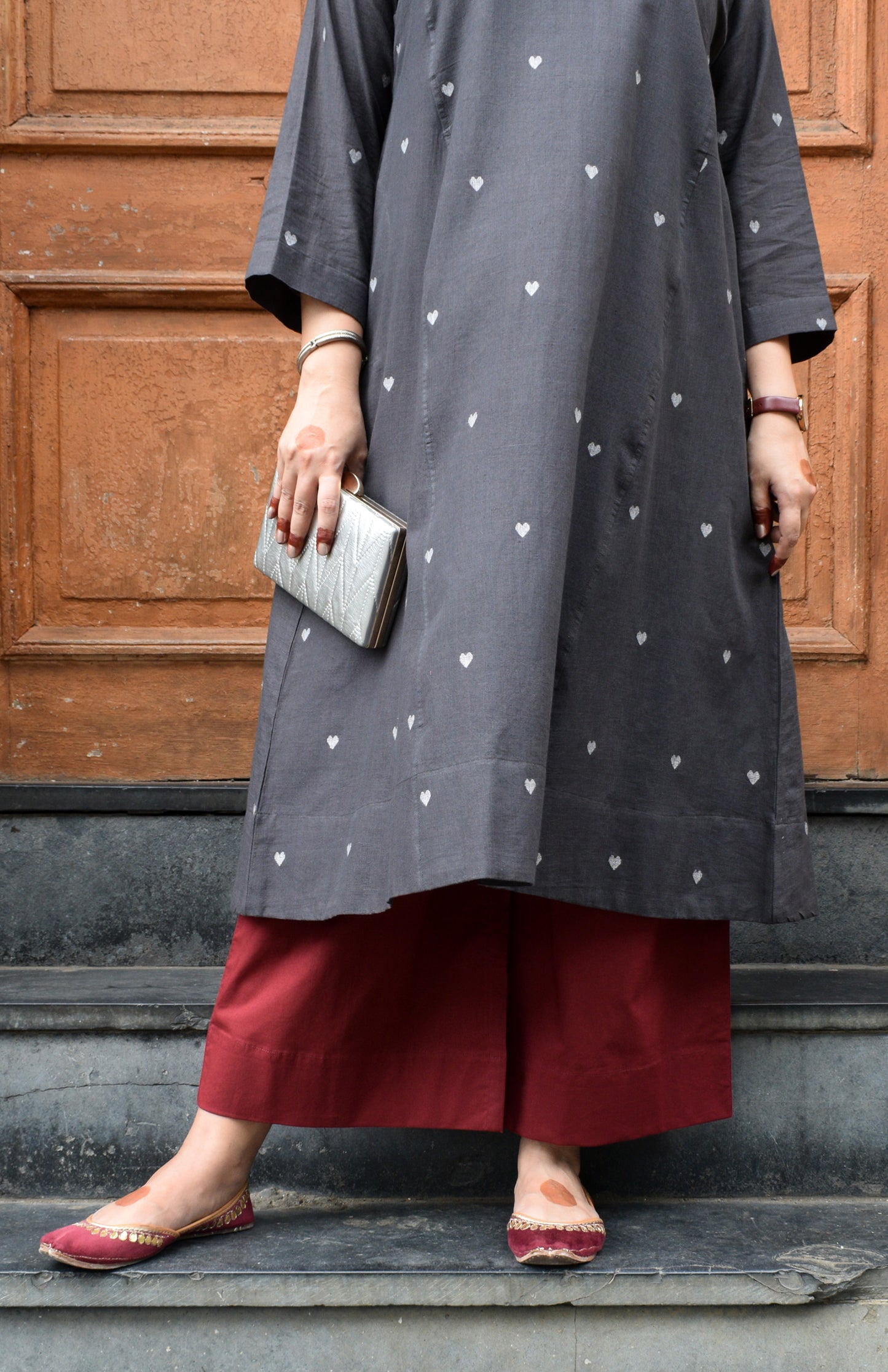Charcoal Jamdani Phiran with Maroon Pyjama