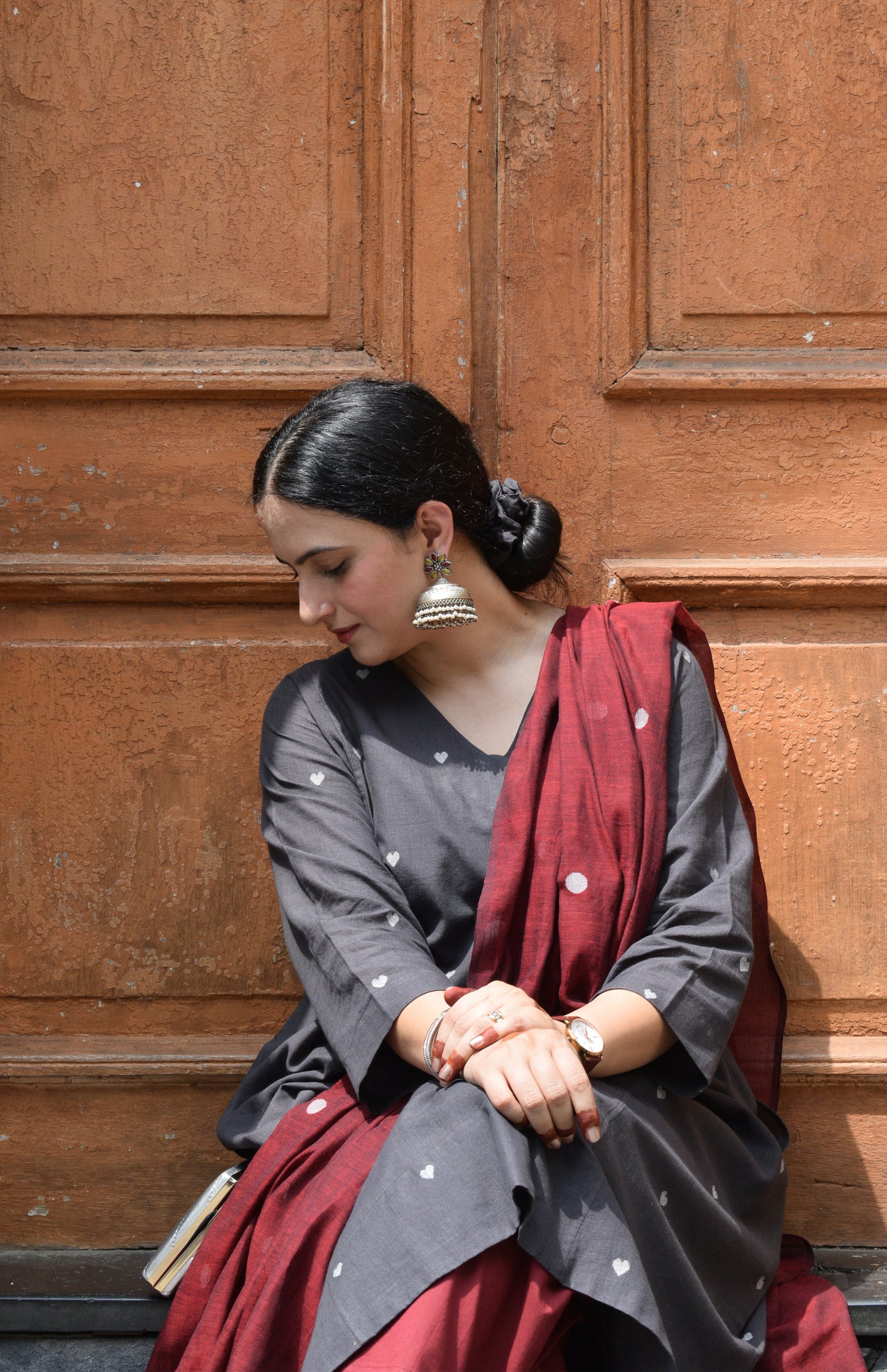 Charcoal Jamdani Phiran with Maroon Pyjama