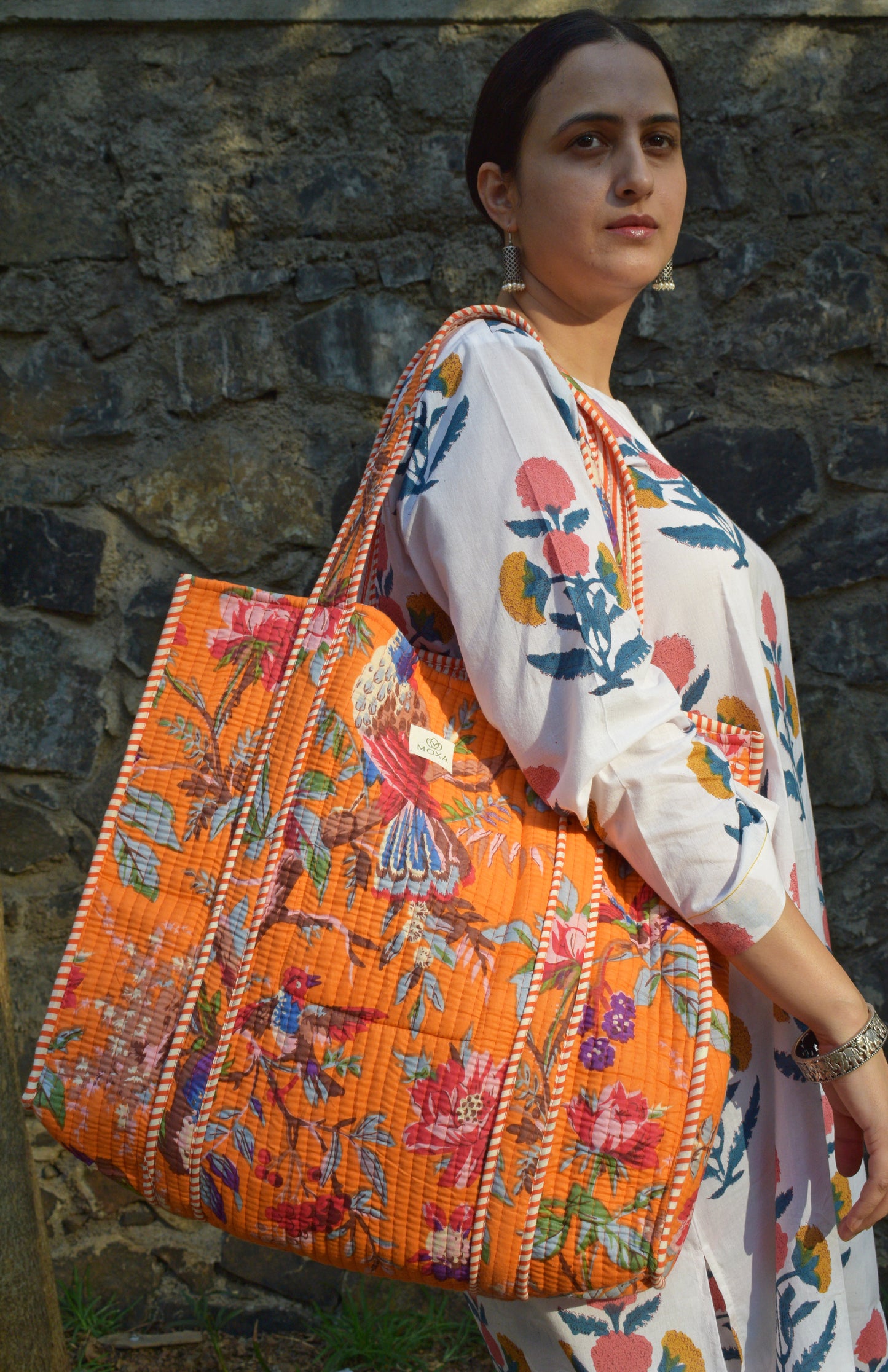 Orange Cotton Printed Quilted Tote bag