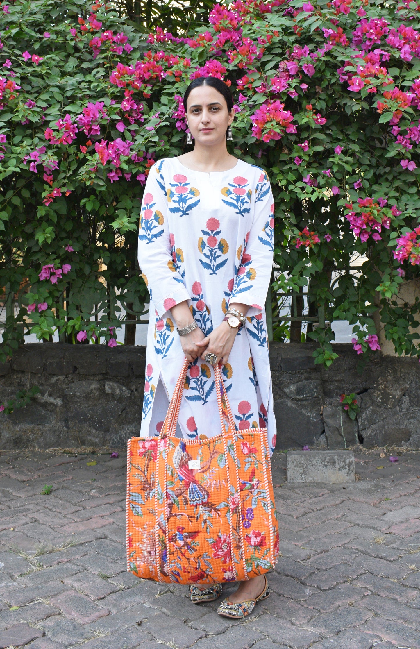 Orange Cotton Printed Quilted Tote bag
