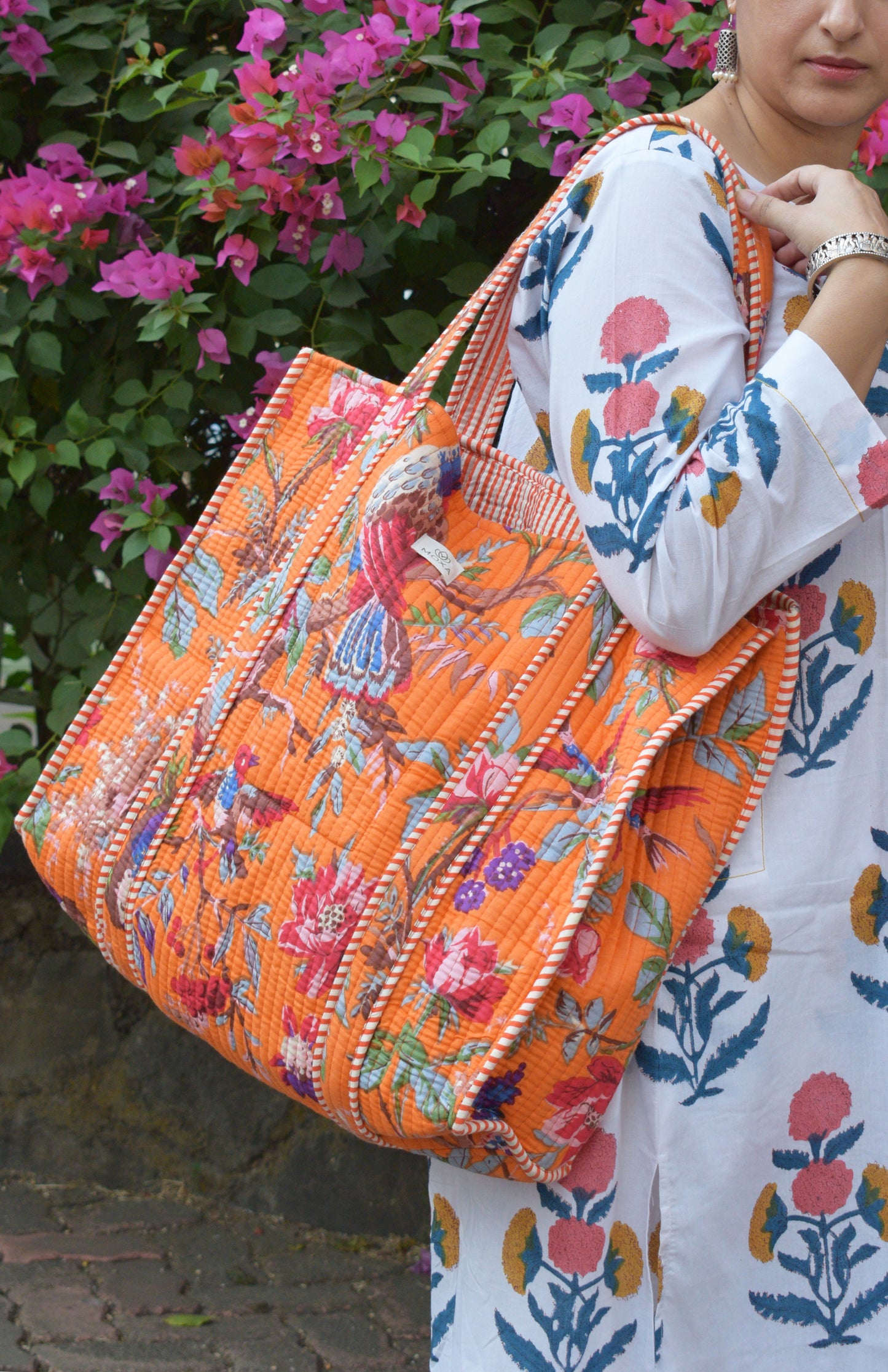 Orange Cotton Printed Quilted Tote bag