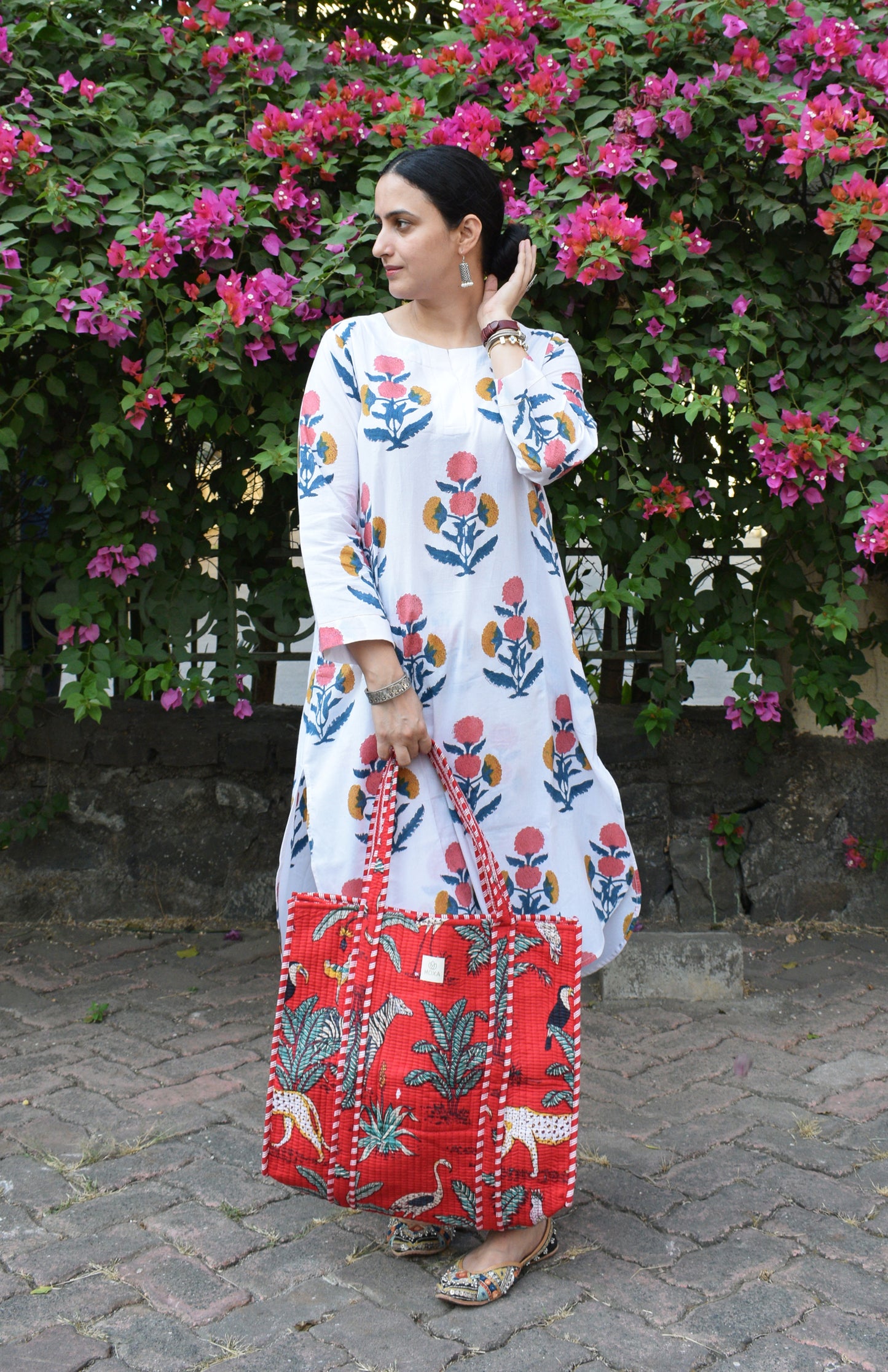 Red Cotton Printed Quilted Tote Bag