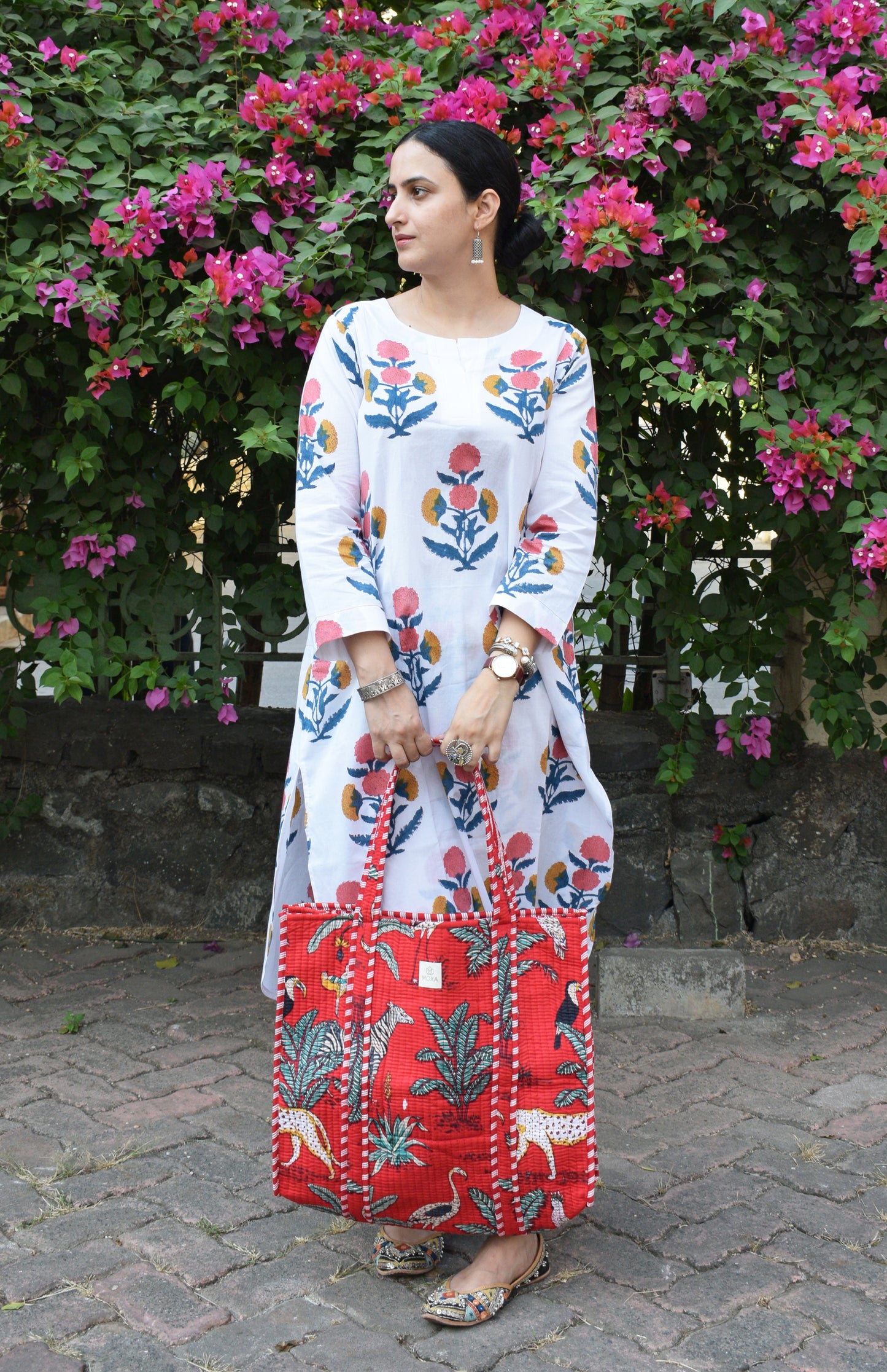 Red Cotton Printed Quilted Tote Bag