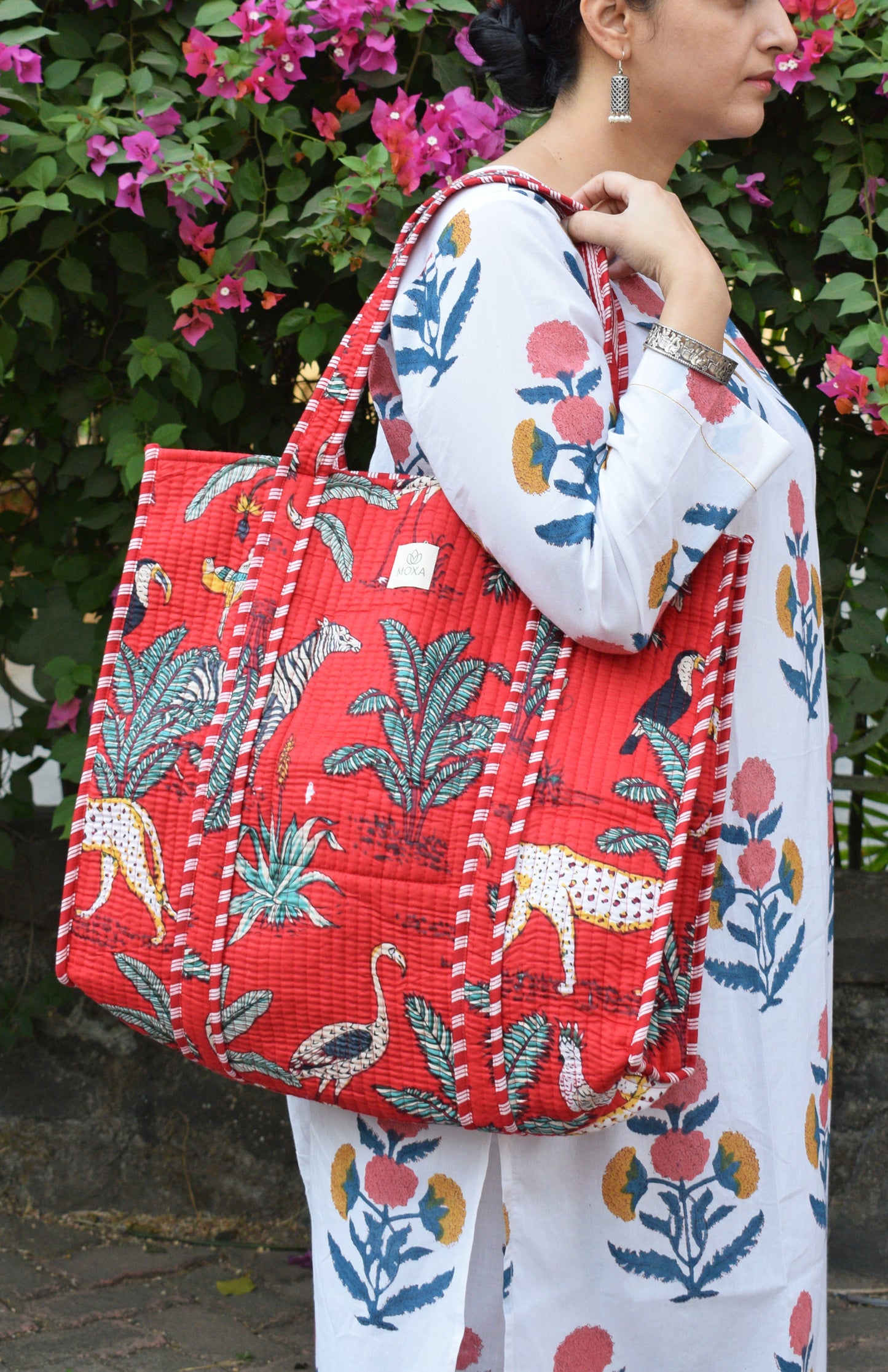 Red Cotton Printed Quilted Tote Bag