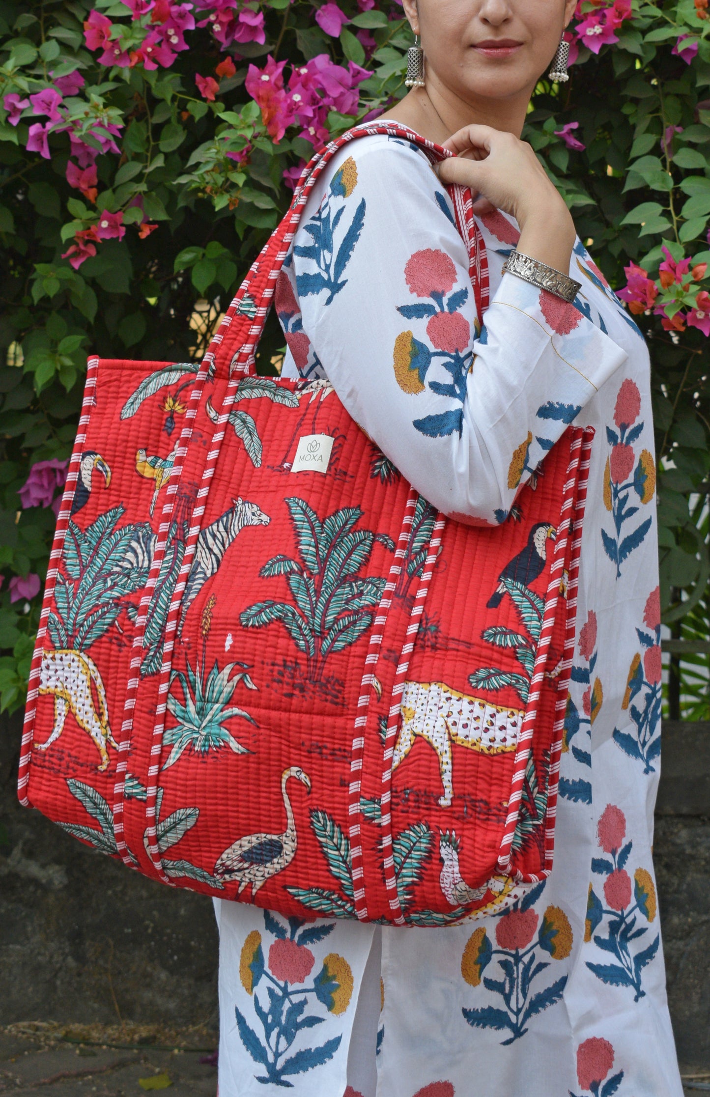 Red Cotton Printed Quilted Tote Bag
