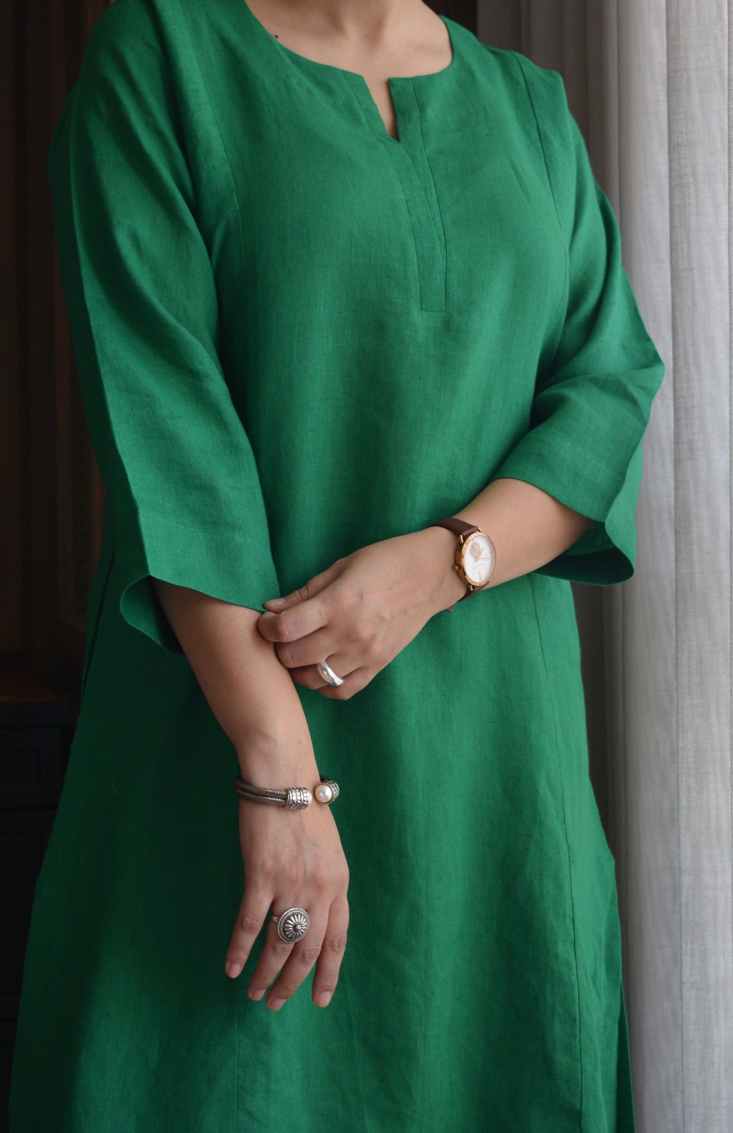 Green Linen Straight fit paneled kurta