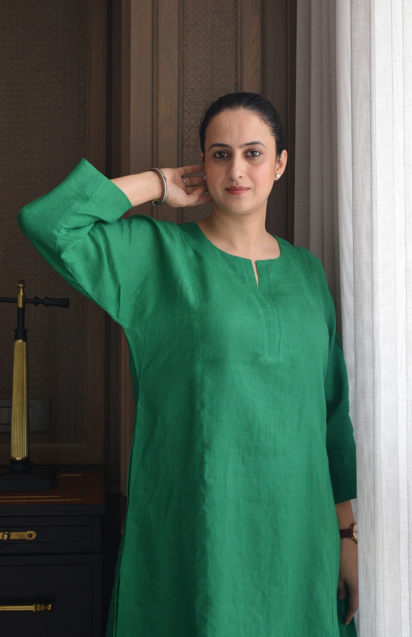 Green Linen Straight fit paneled kurta
