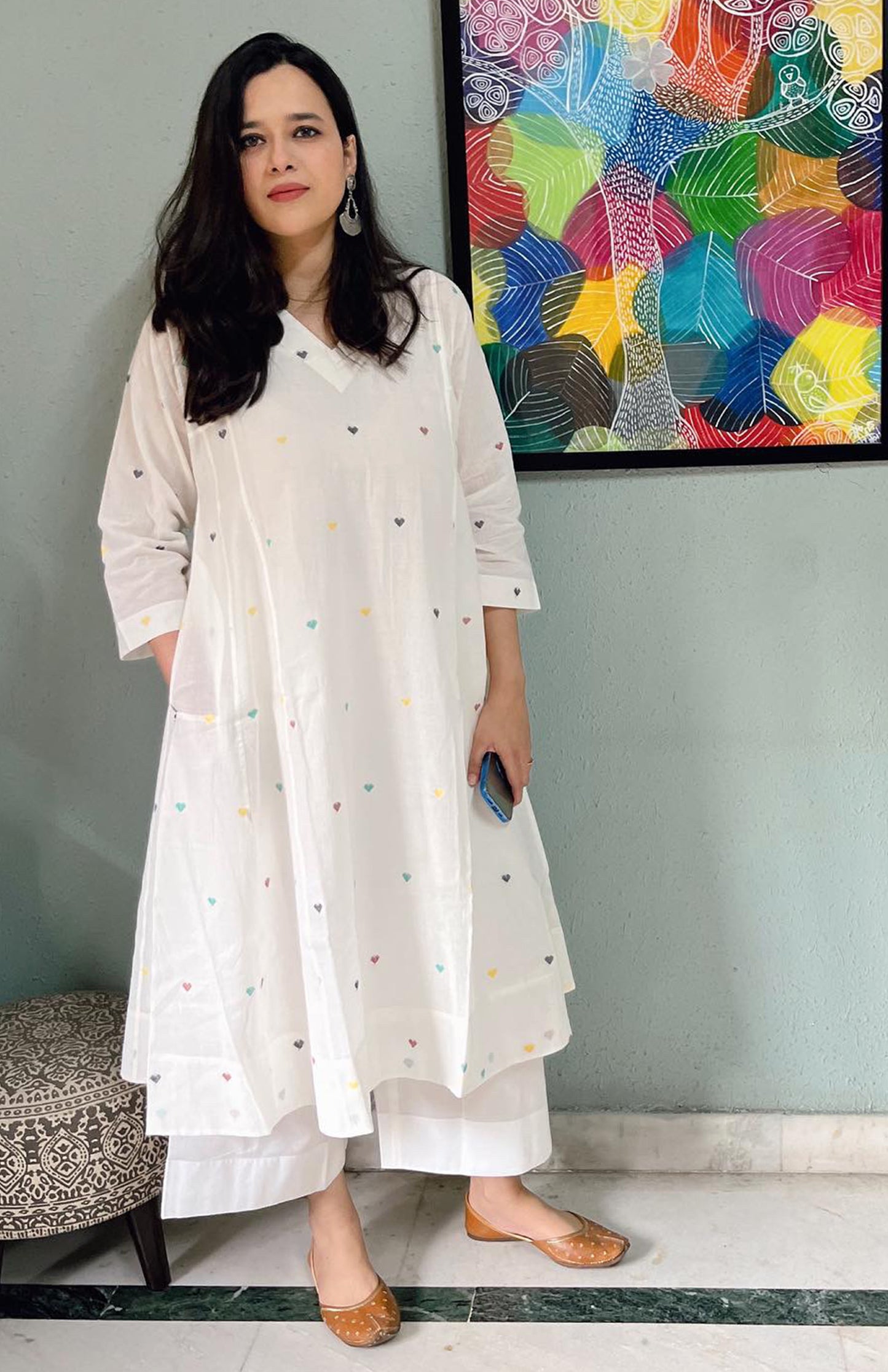 Pearl White Jamdani Phiran with Off White Pyjama