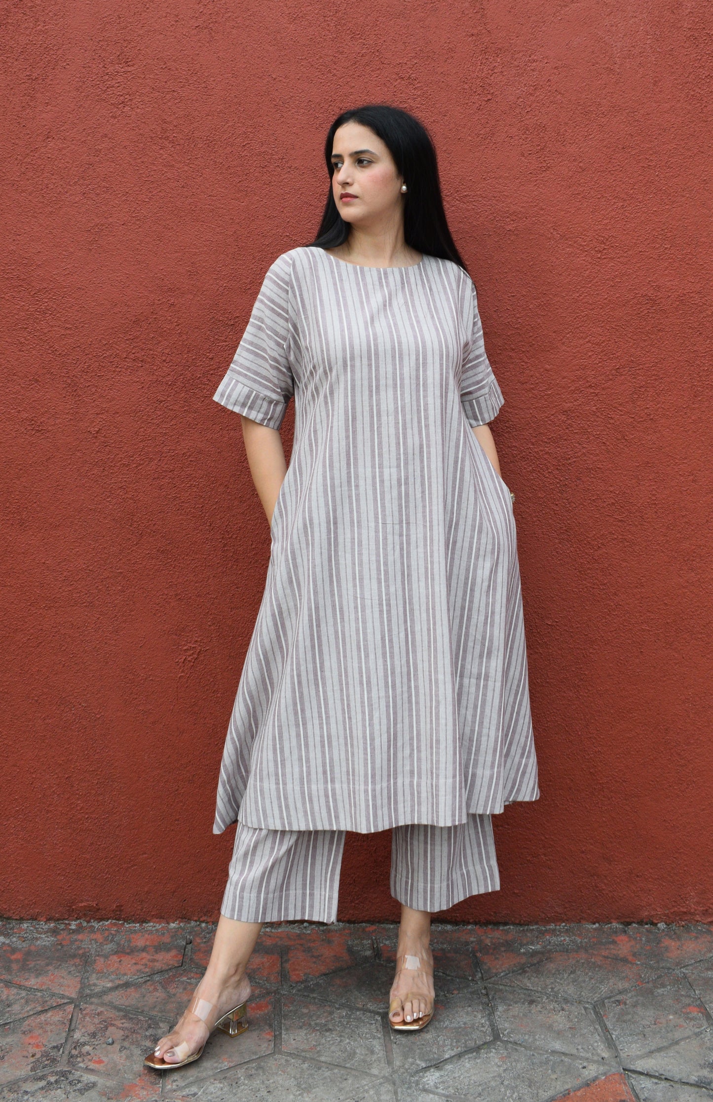 Light brown striped co-ord set with A line kurta and pajama in handwoven cotton
