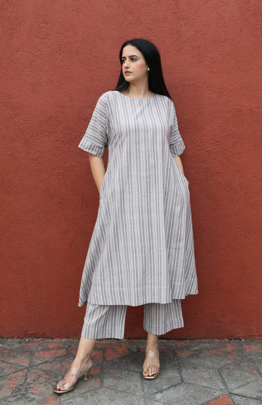 Light brown striped co-ord set with A line kurta and pajama in handwoven cotton