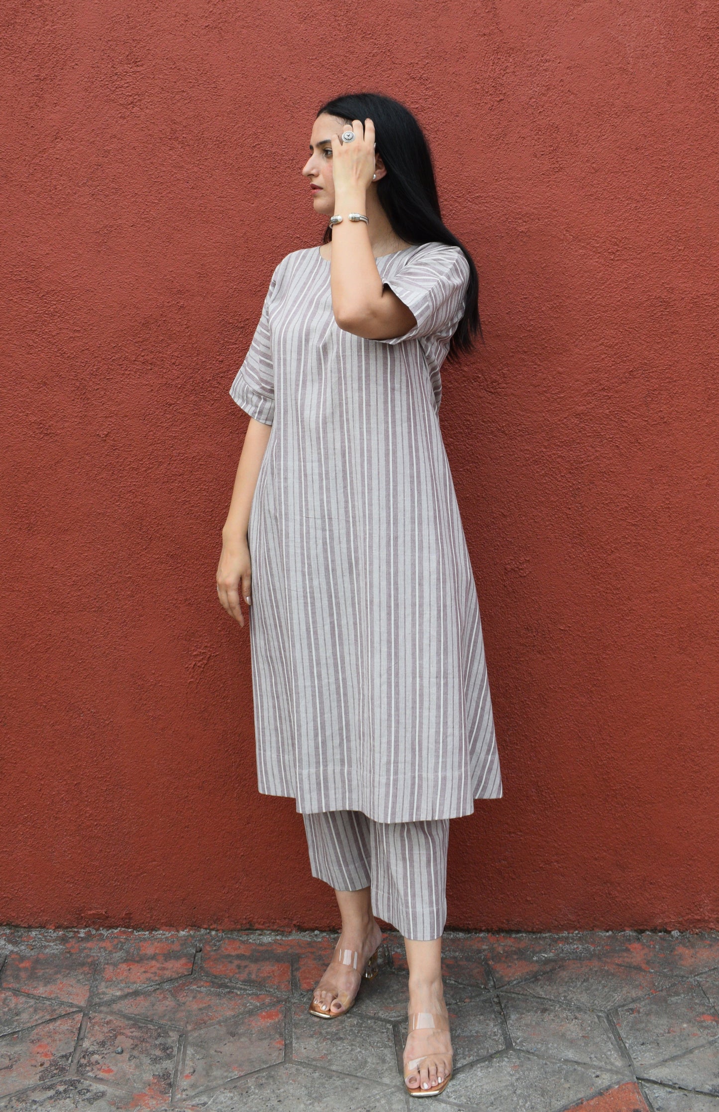 Light brown striped co-ord set with A line kurta and pajama in handwoven cotton