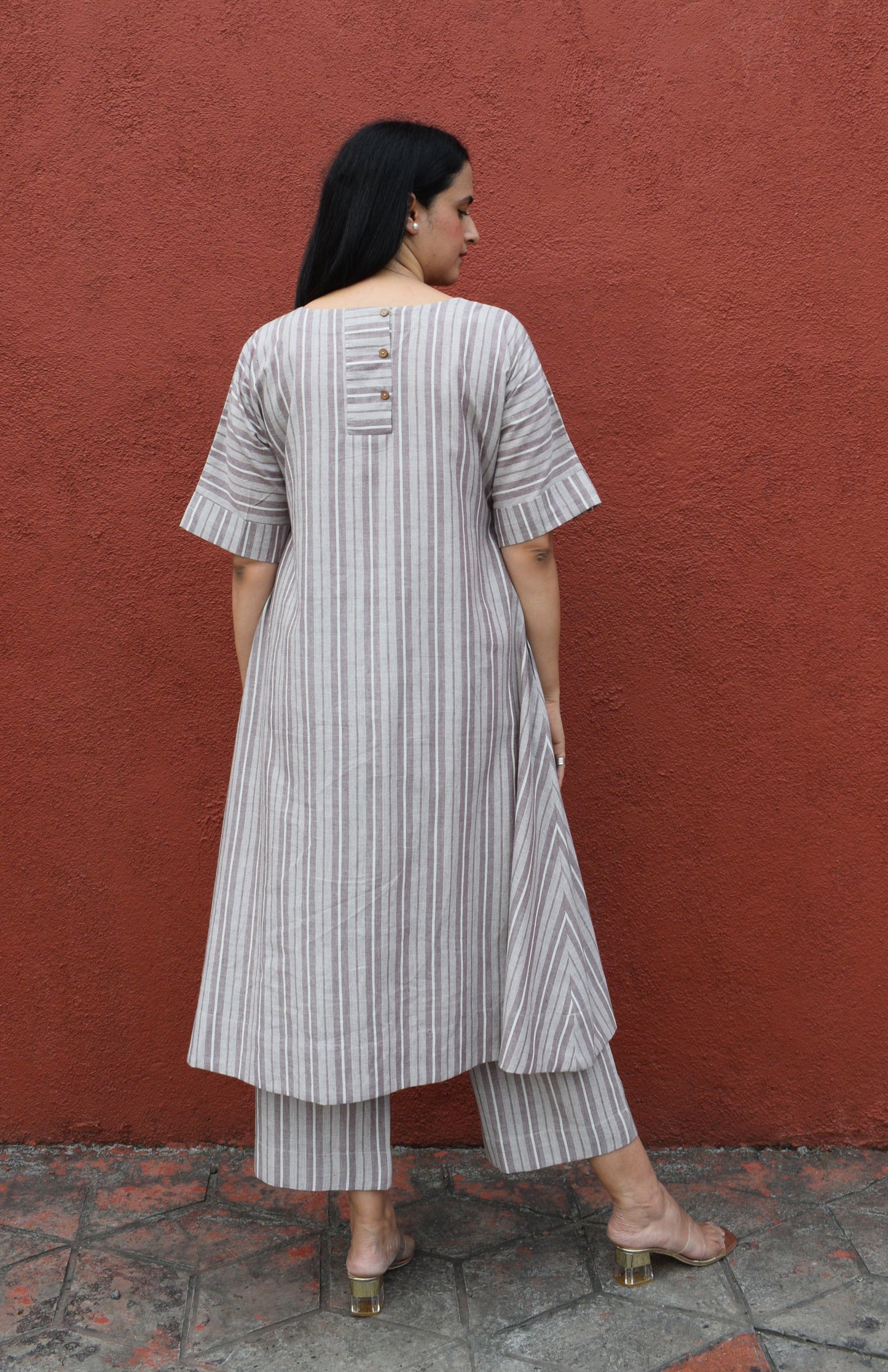 Light brown striped co-ord set with A line kurta and pajama in handwoven cotton