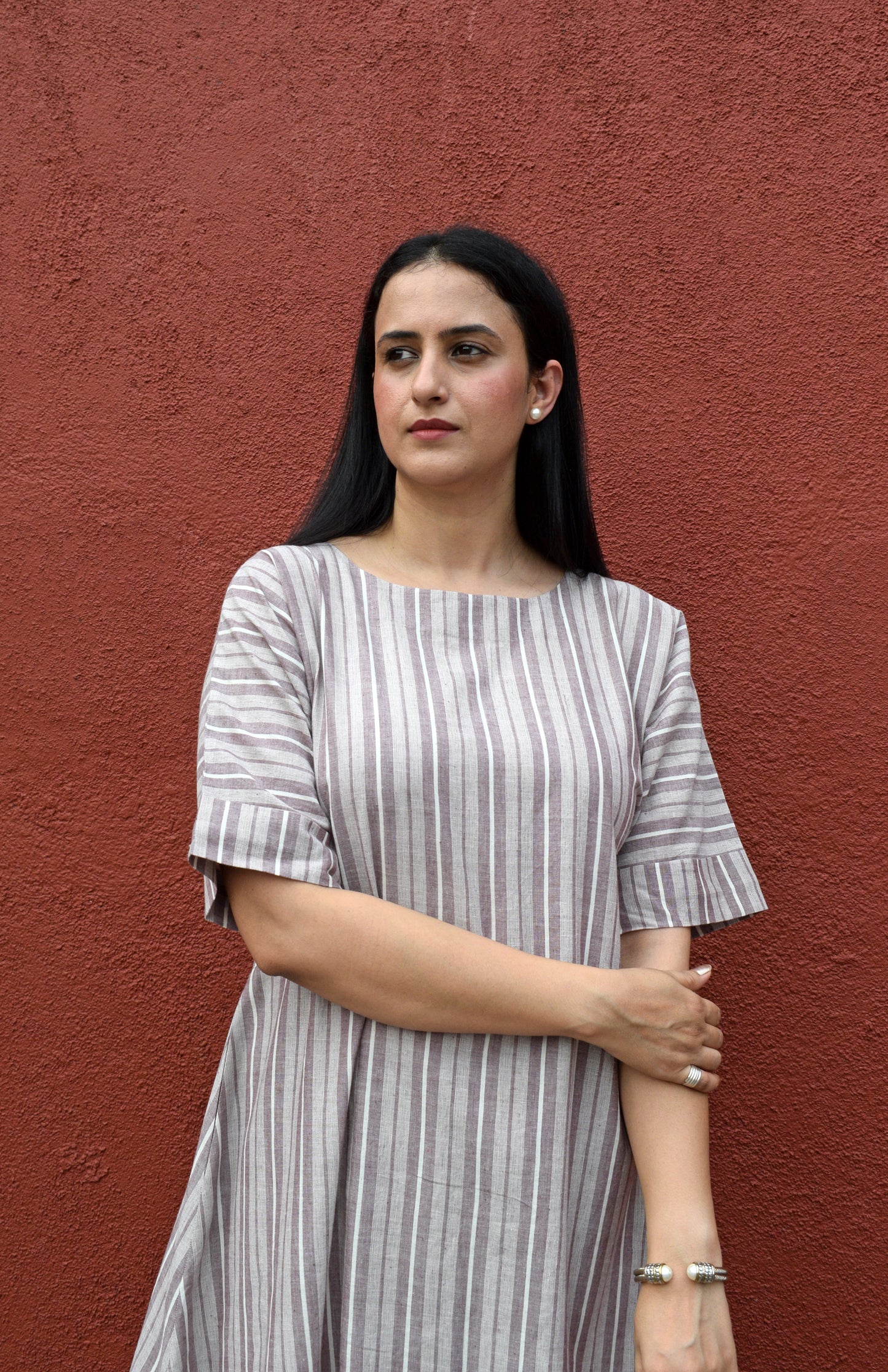 Light brown striped co-ord set with A line kurta and pajama in handwoven cotton