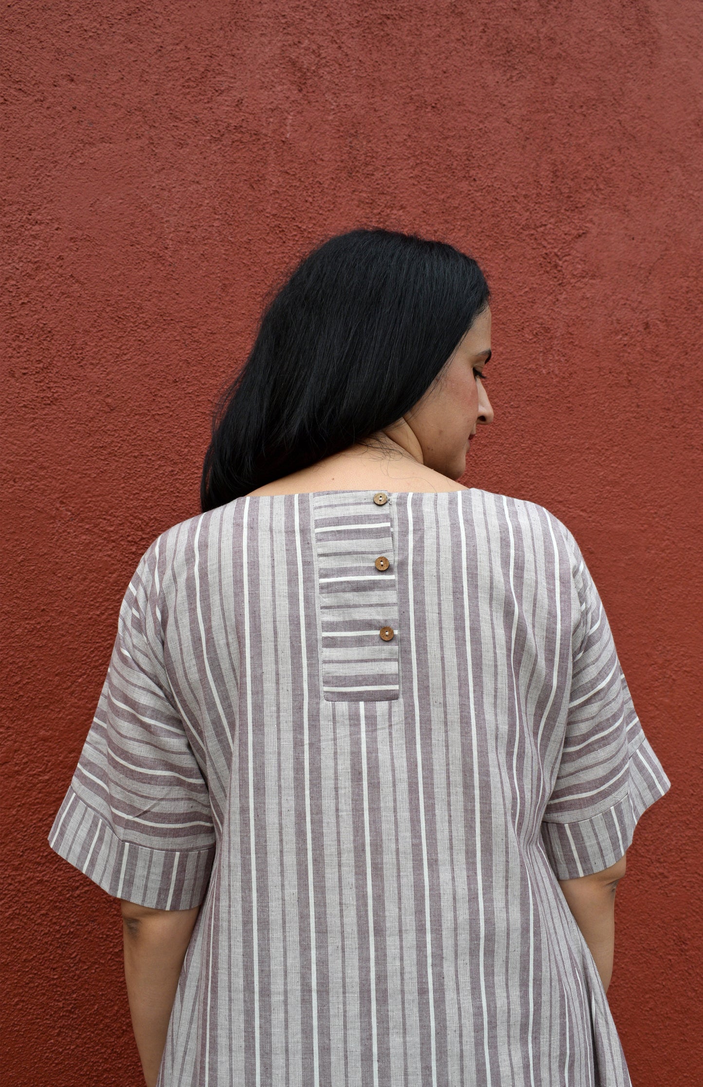 Light brown striped co-ord set with A line kurta and pajama in handwoven cotton