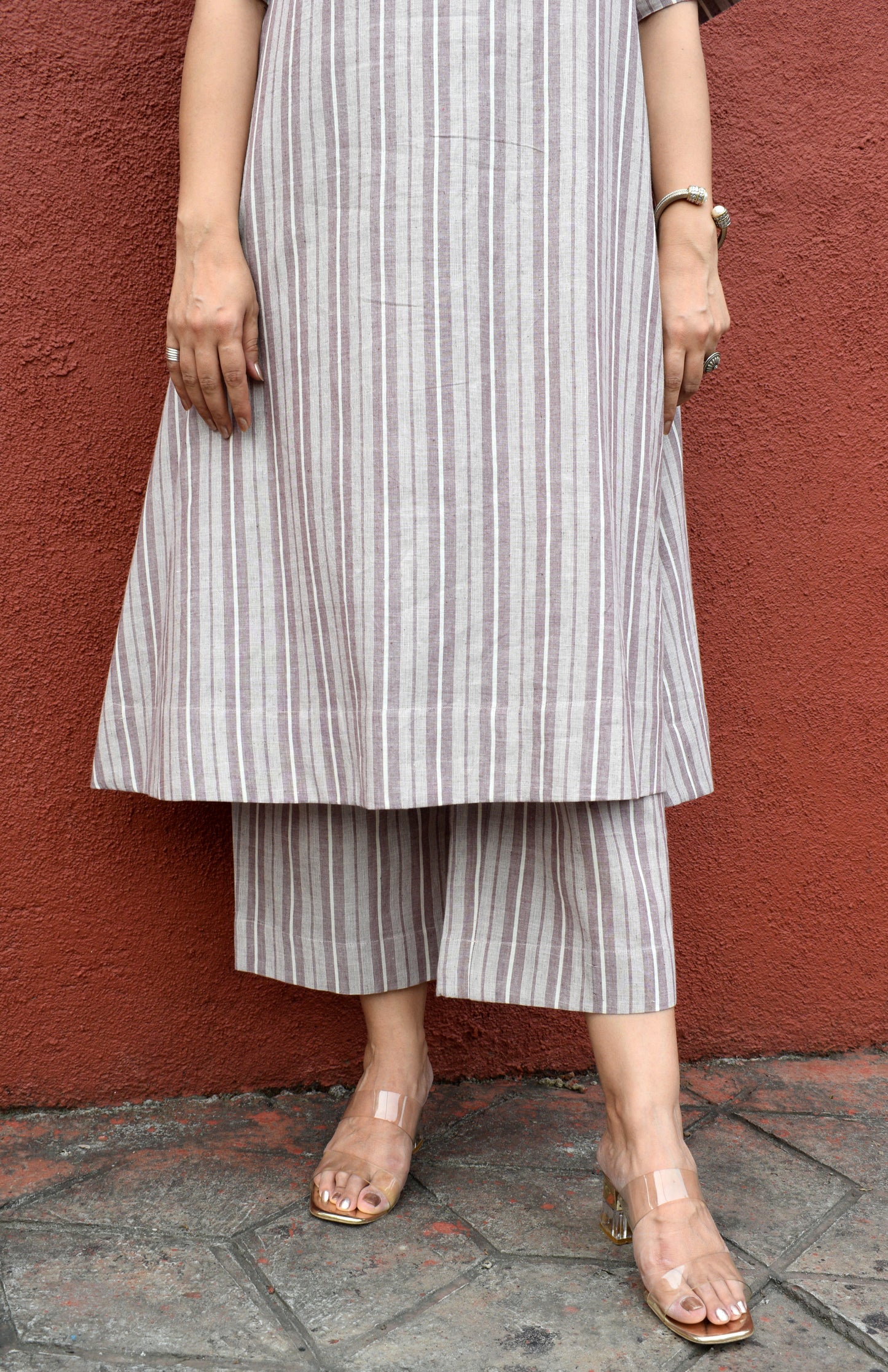 Light brown striped co-ord set with A line kurta and pajama in handwoven cotton