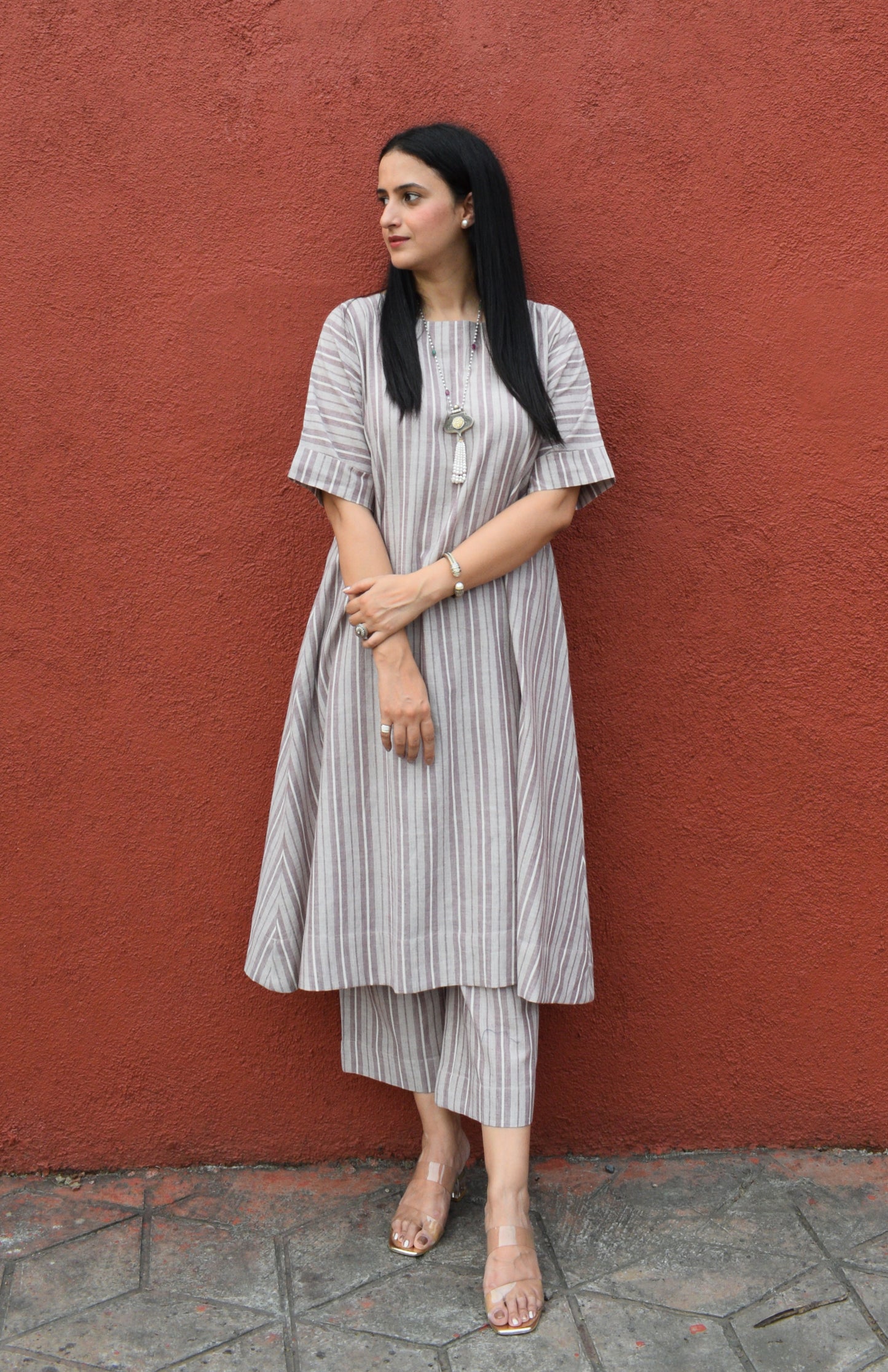 Light brown striped co-ord set with A line kurta and pajama in handwoven cotton
