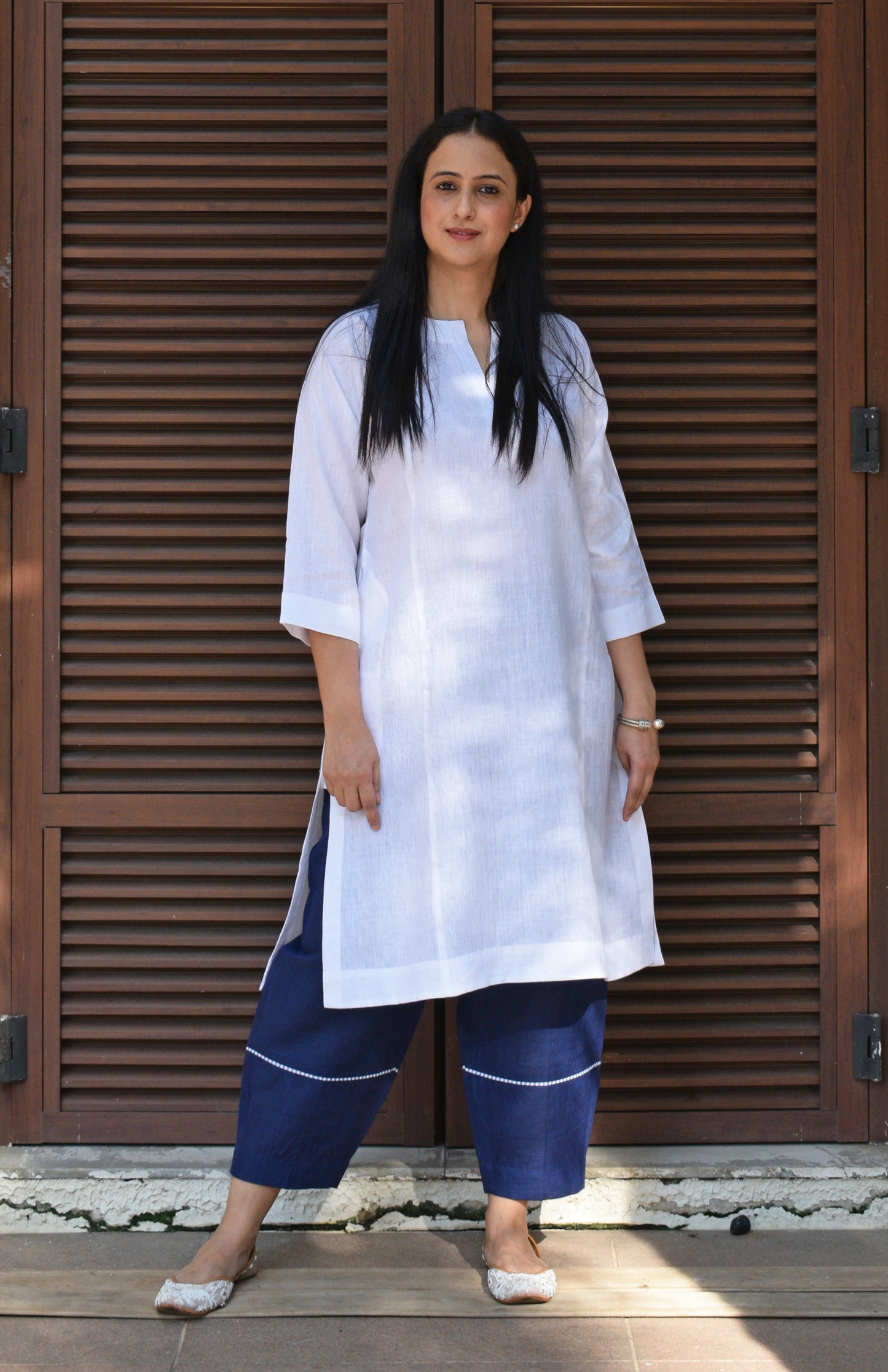 White linen straight fit paneled kurta