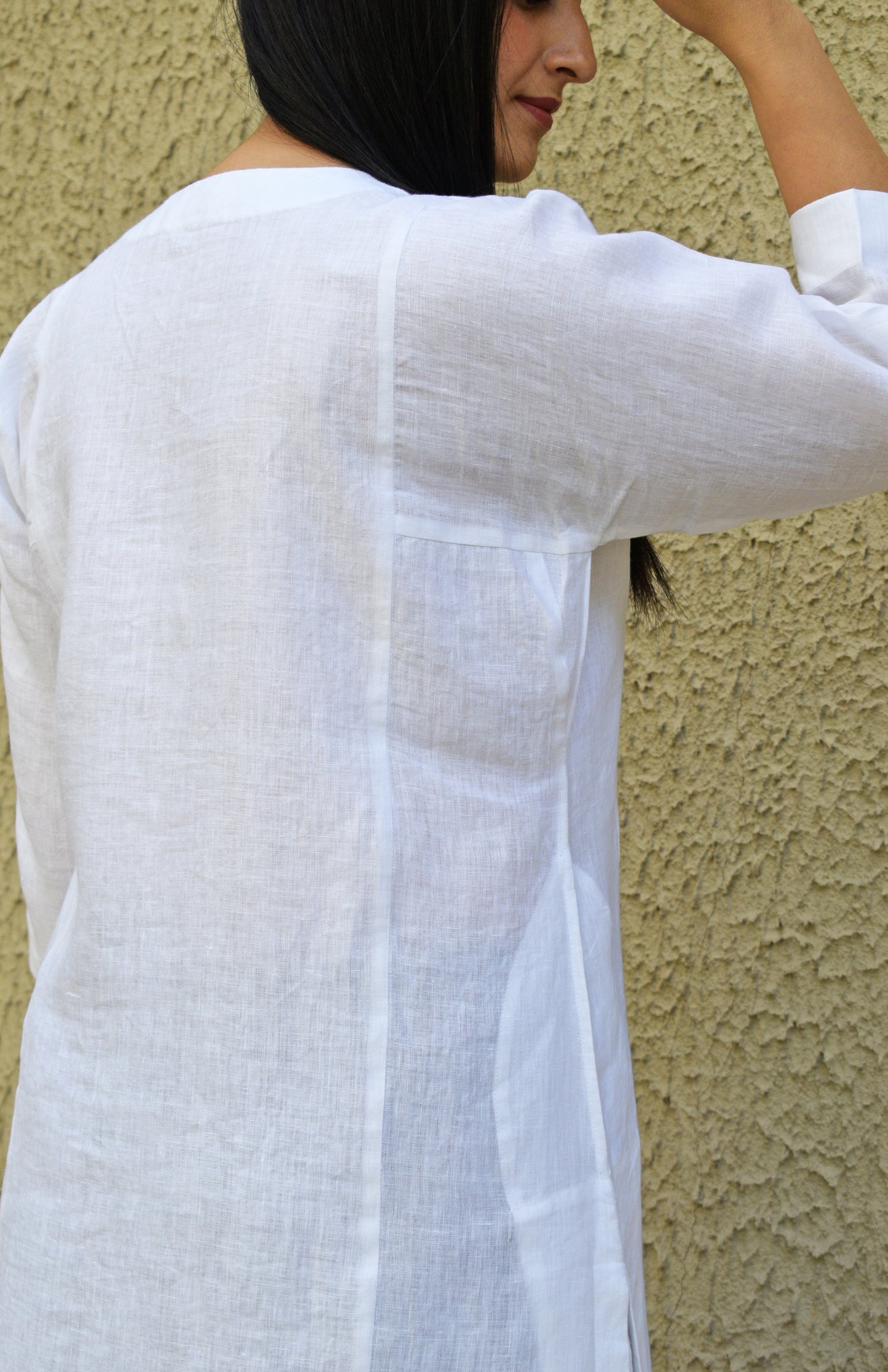 White linen straight fit paneled kurta