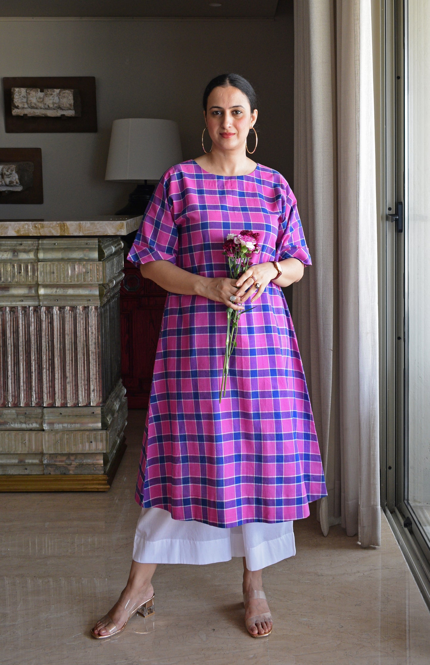 Orchid Pink A line Kurta in Handwoven Checks with White Pyjama