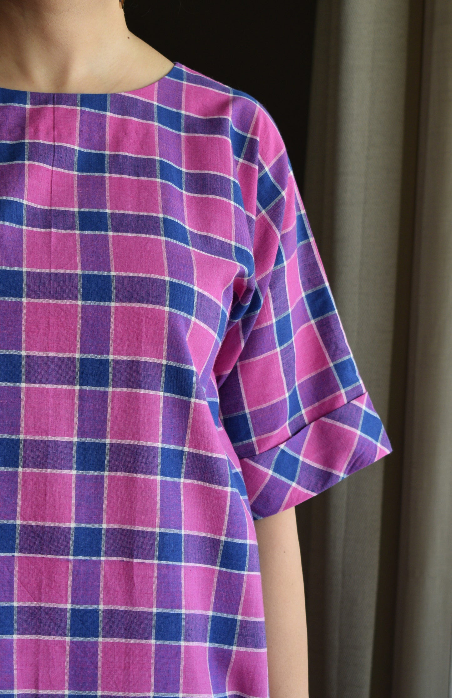 Orchid Pink A line Kurta in Handwoven Checks with White Pyjama
