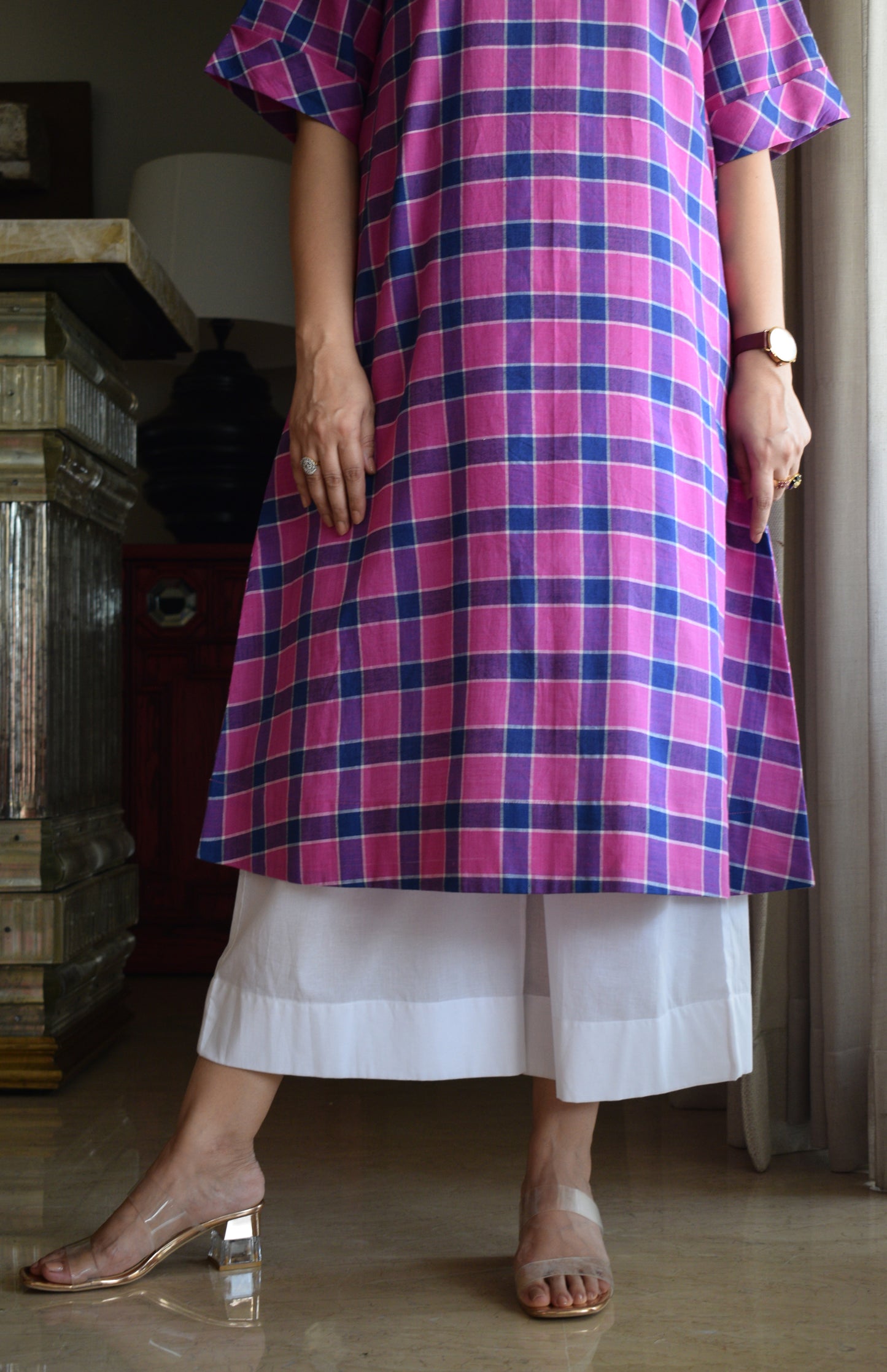 Orchid Pink A line Kurta in Handwoven Checks with White Pyjama