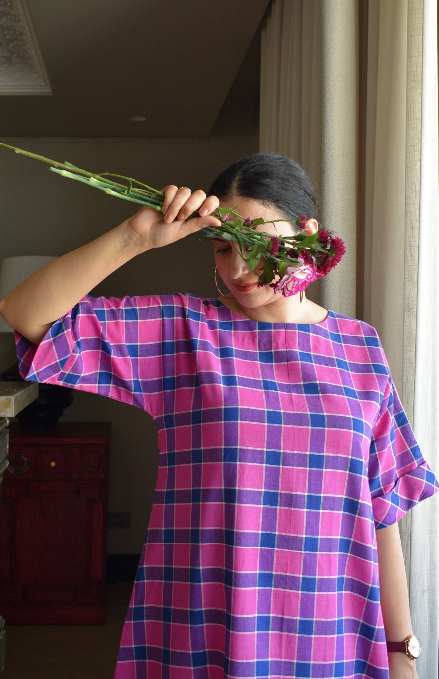 Orchid Pink A line Kurta in handwoven checks