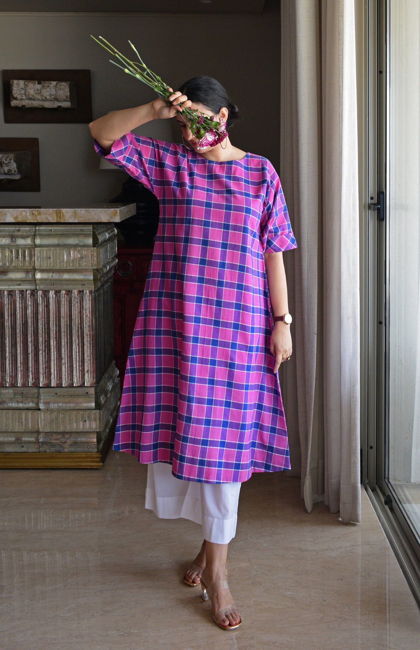Orchid Pink A line Kurta in Handwoven Checks with White Pyjama