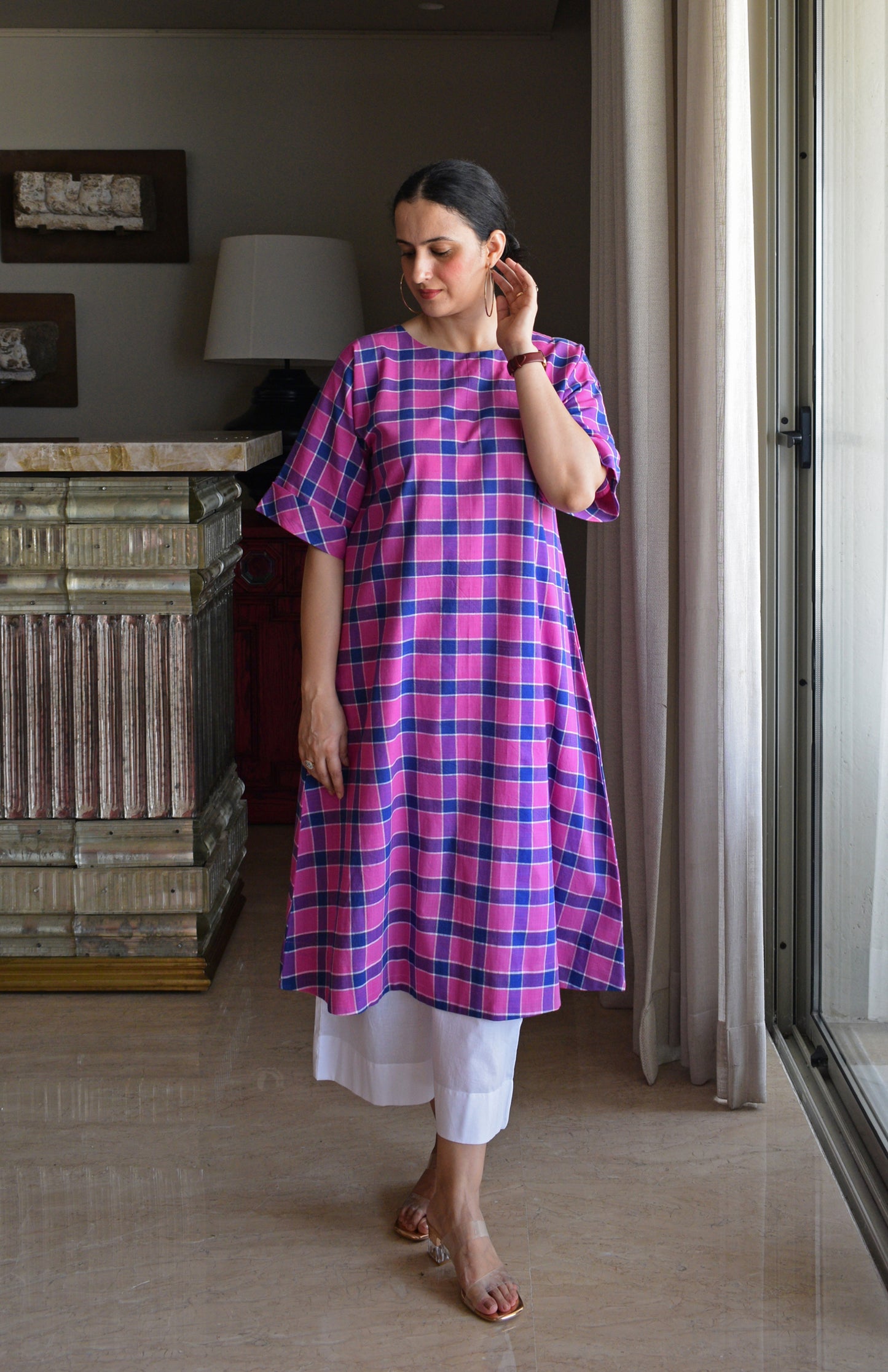 Orchid Pink A line Kurta in Handwoven Checks with White Pyjama