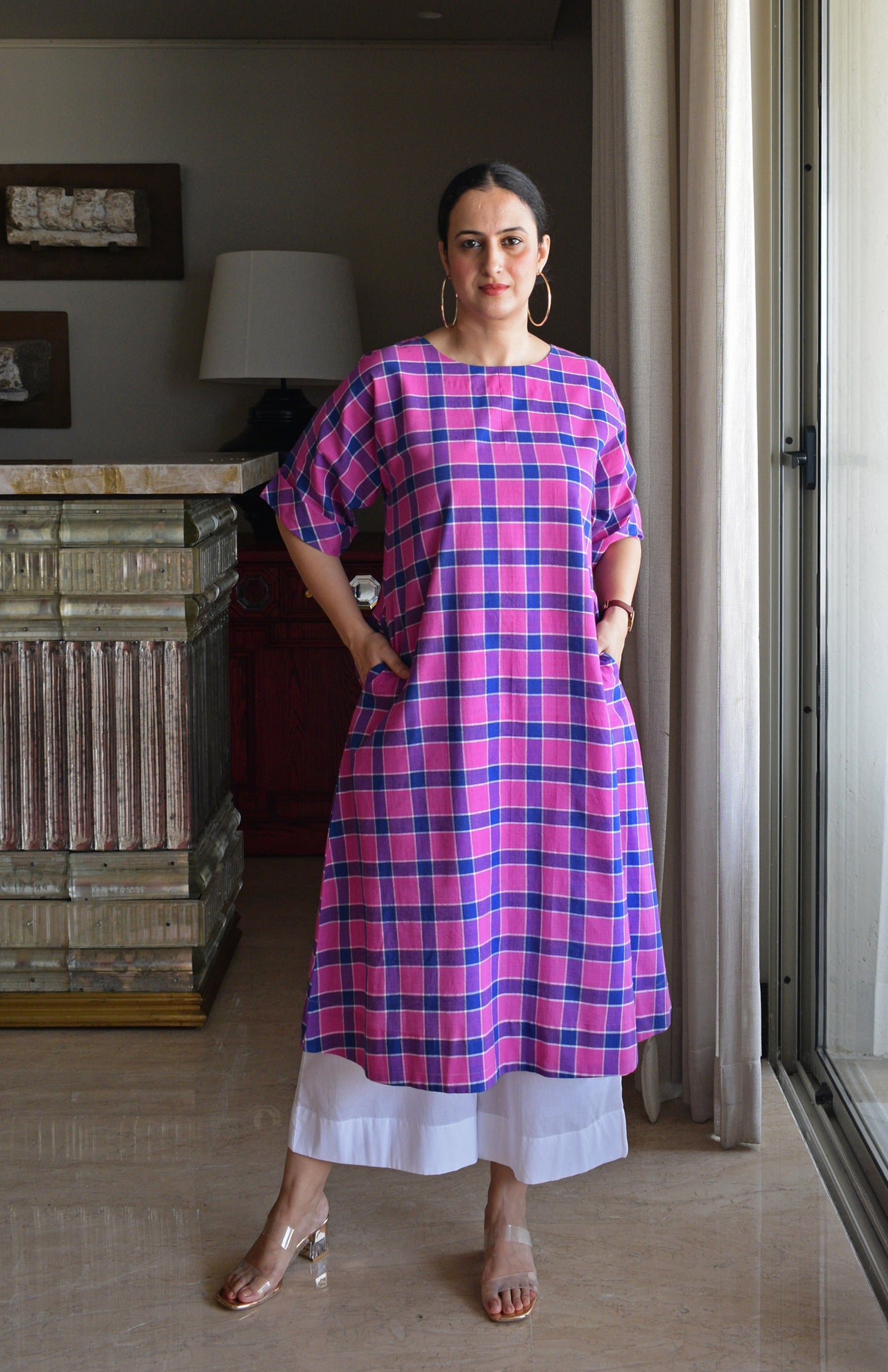 Orchid Pink A line Kurta in Handwoven Checks with White Pyjama