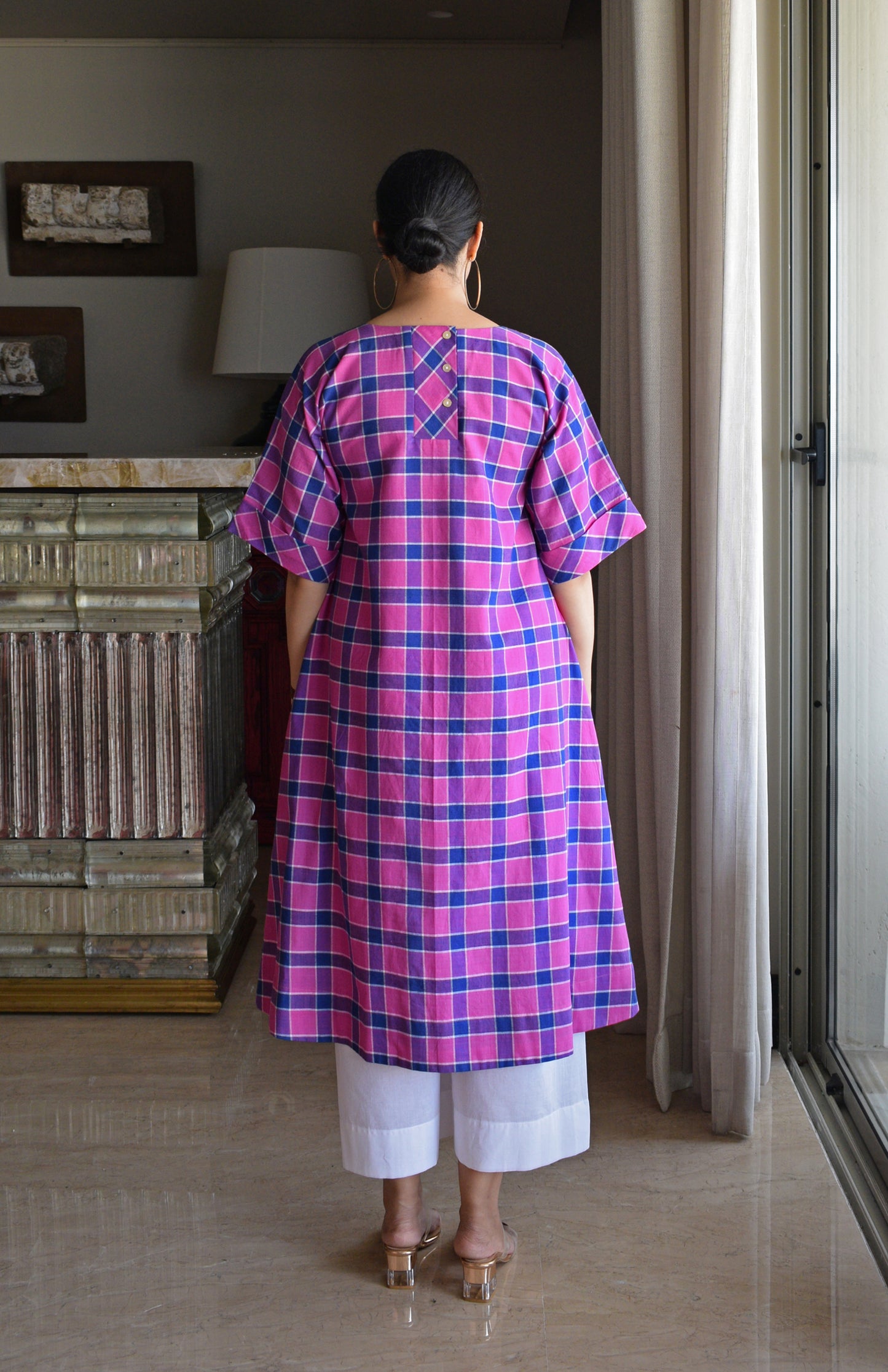 Orchid Pink A line Kurta in Handwoven Checks with White Pyjama