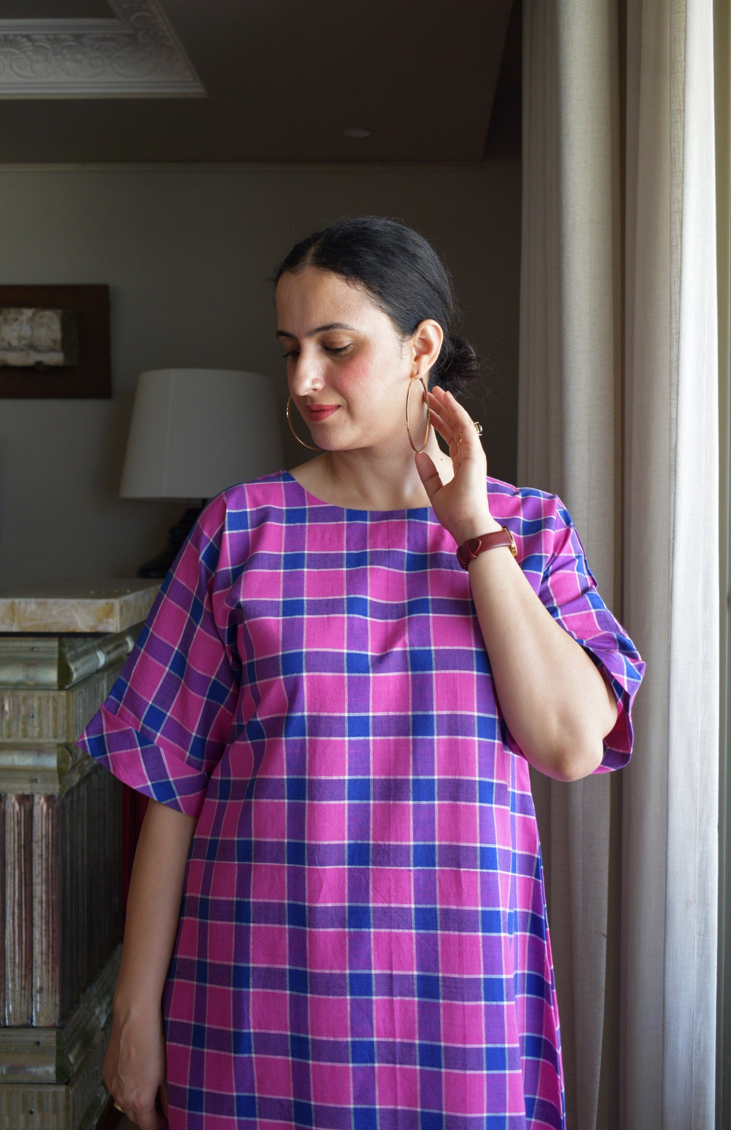 Orchid Pink A line Kurta in Handwoven Checks with White Pyjama
