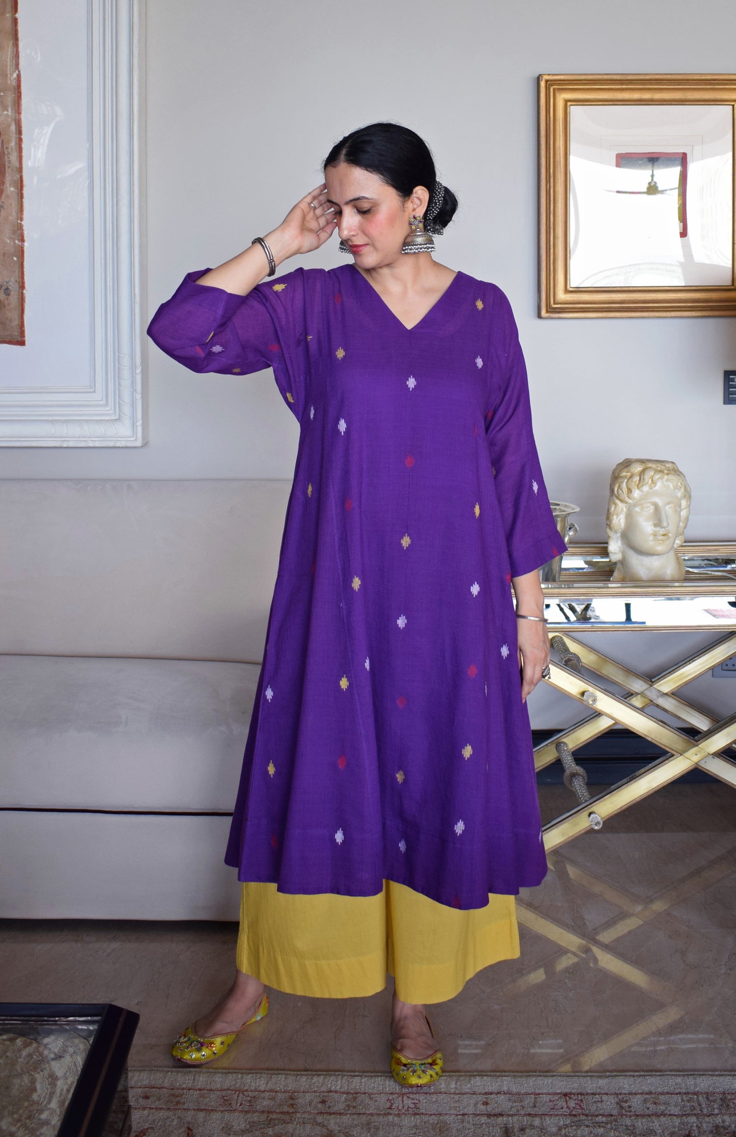 Purple Jamdani Phiran with Yellow Pyjama