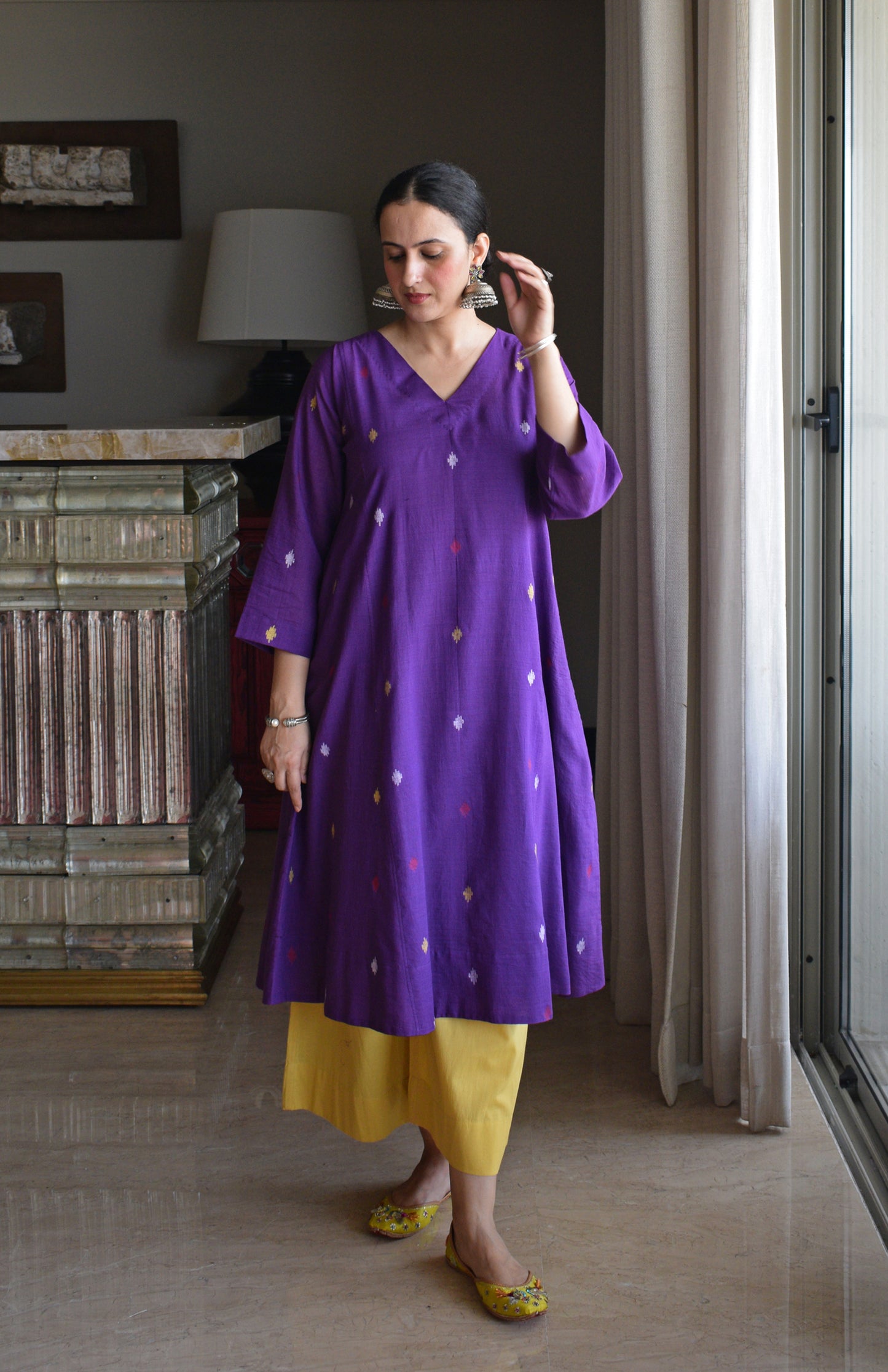 Purple Jamdani Phiran with Yellow Pyjama