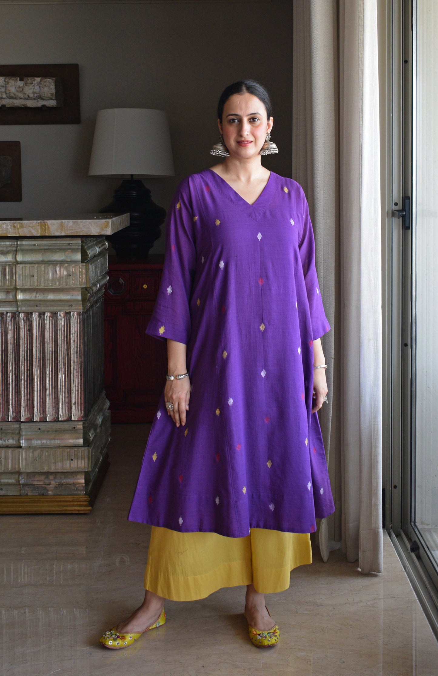 Purple Jamdani Phiran with Yellow Pyjama