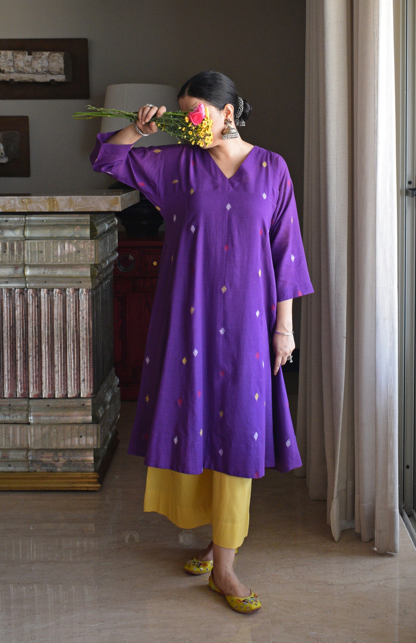 Purple Jamdani Phiran with Yellow Pyjama