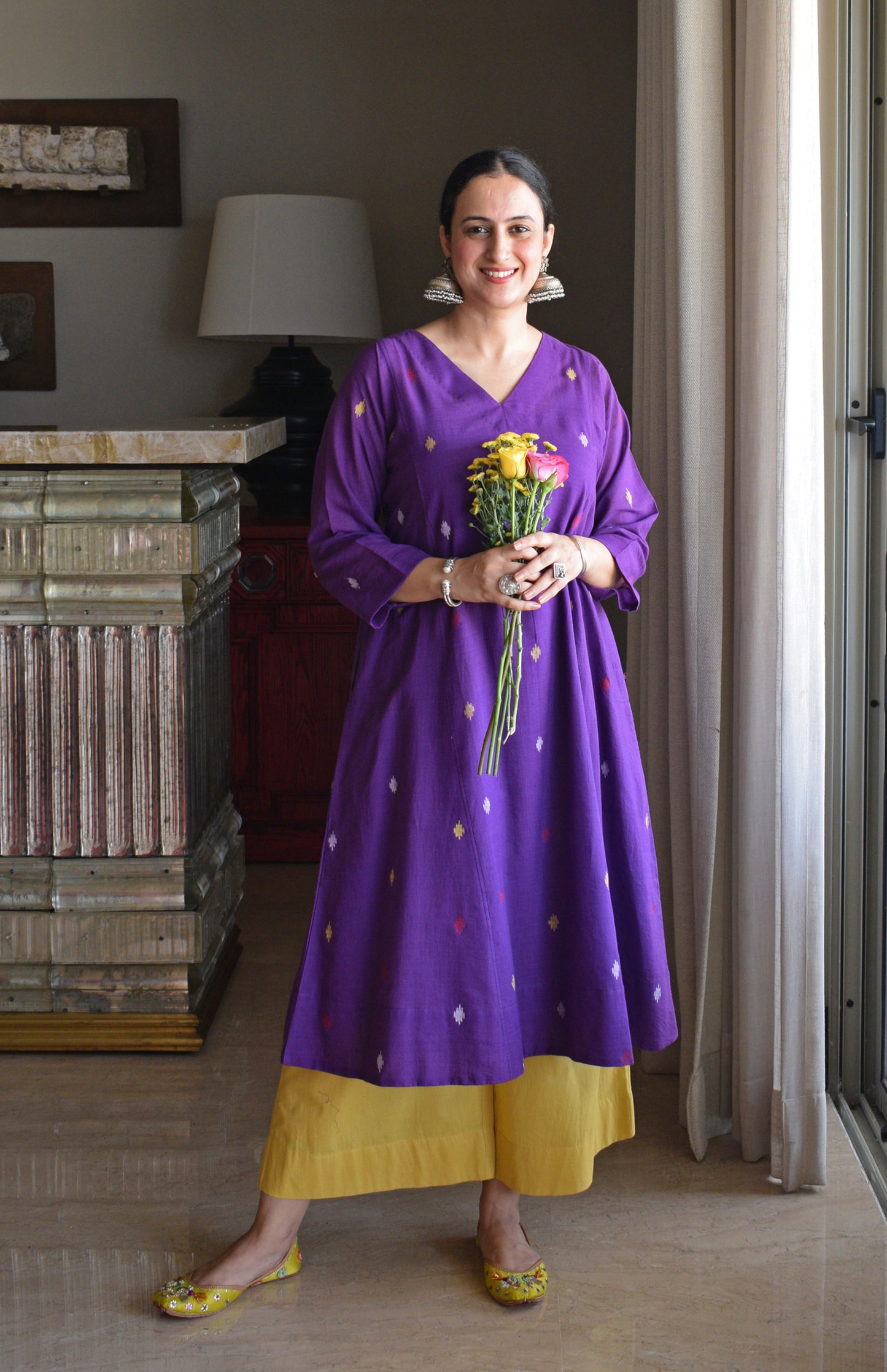 Purple Jamdani Phiran with Yellow Pyjama