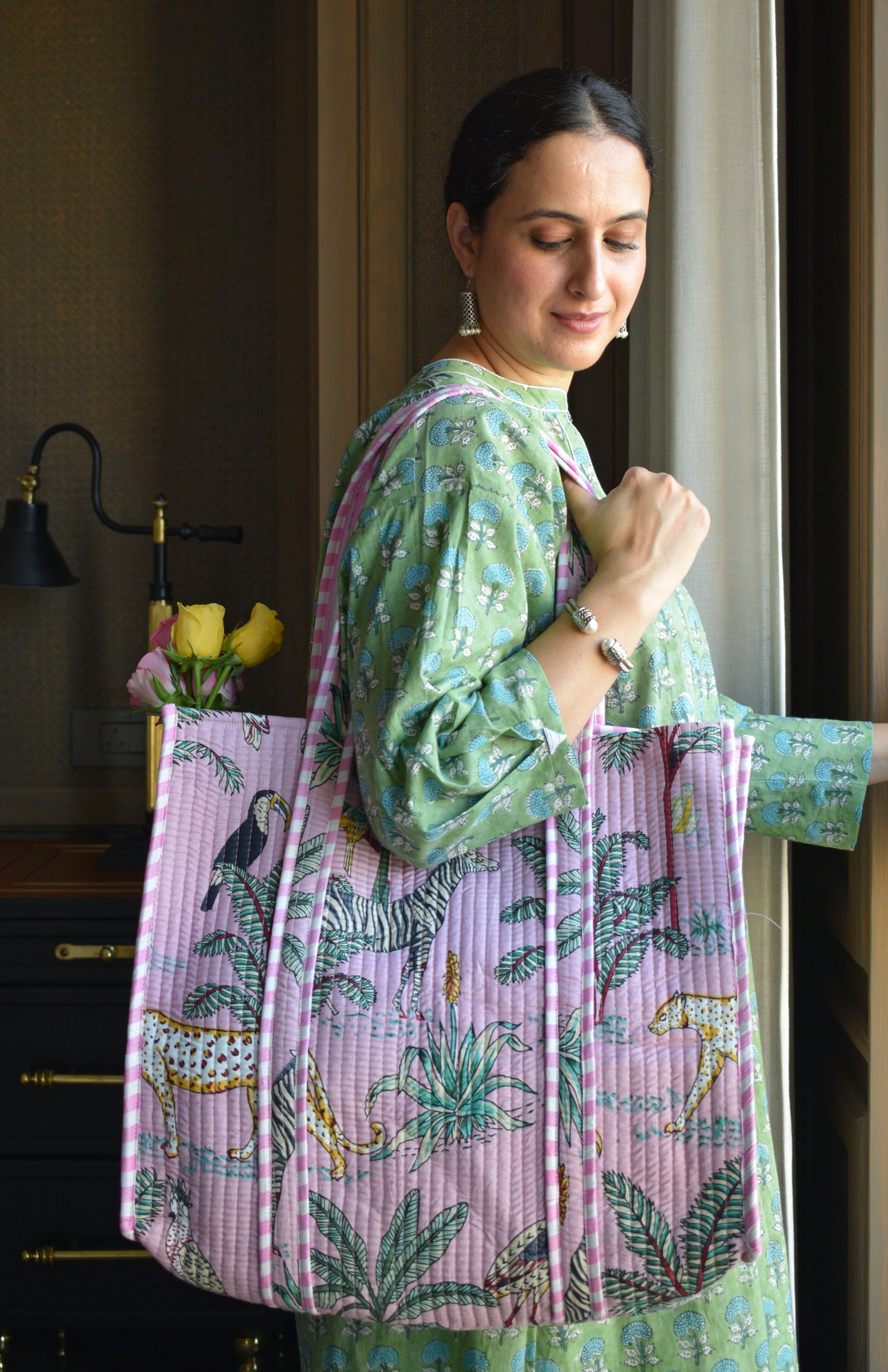 Pink Cotton Printed Quilted Tote Bag
