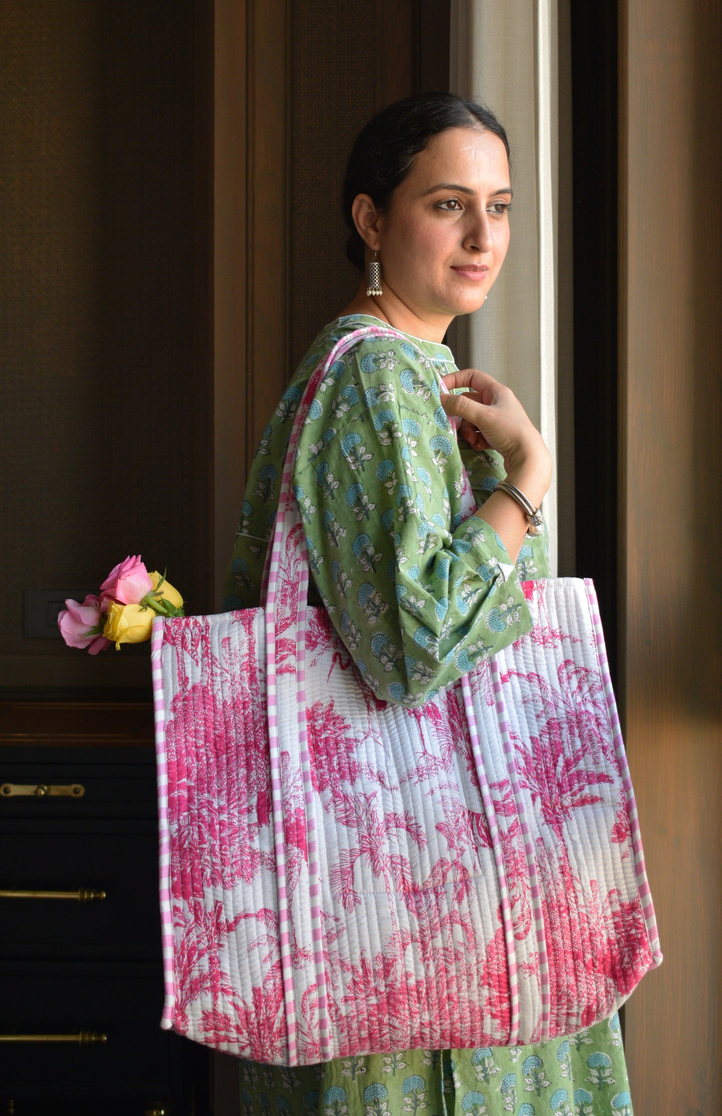 Pink and white Cotton Printed Quilted Tote Bag