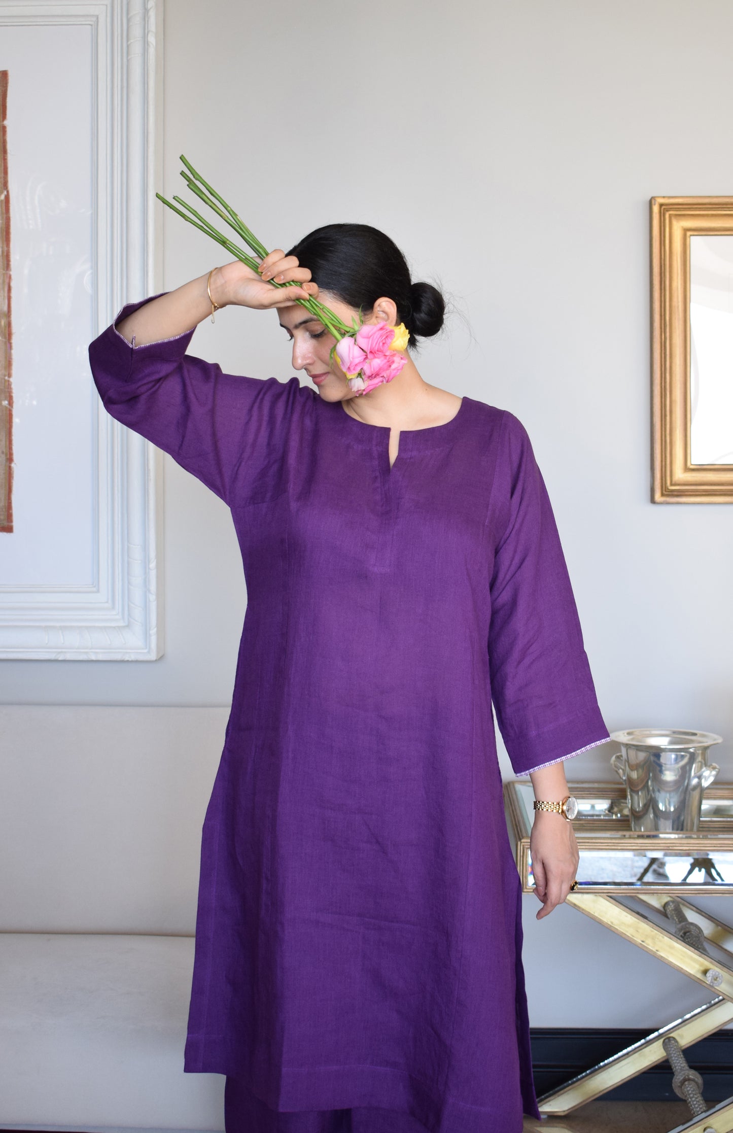 Purple Linen Straight Fit Panelled Kurta Set with Trousers