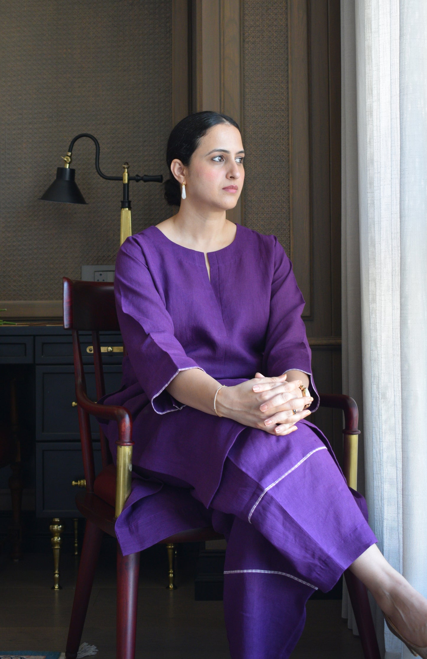Purple Linen Straight Fit Panelled Kurta Set with Trousers