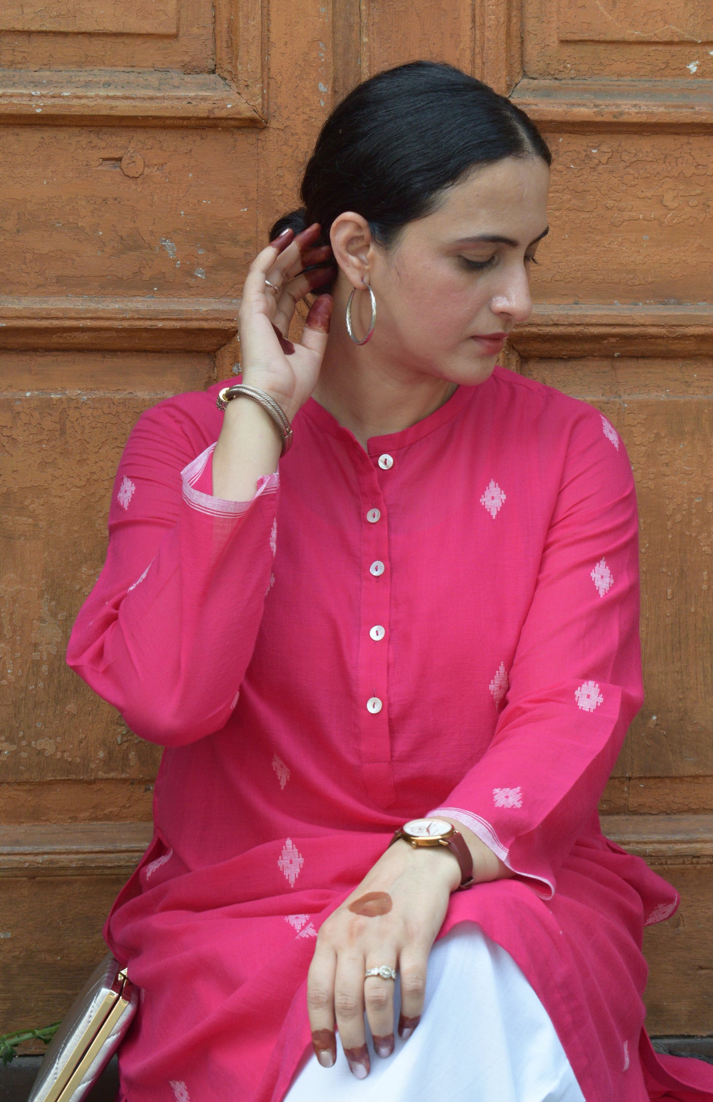 Rani Pink Jamdani Kurta with placket